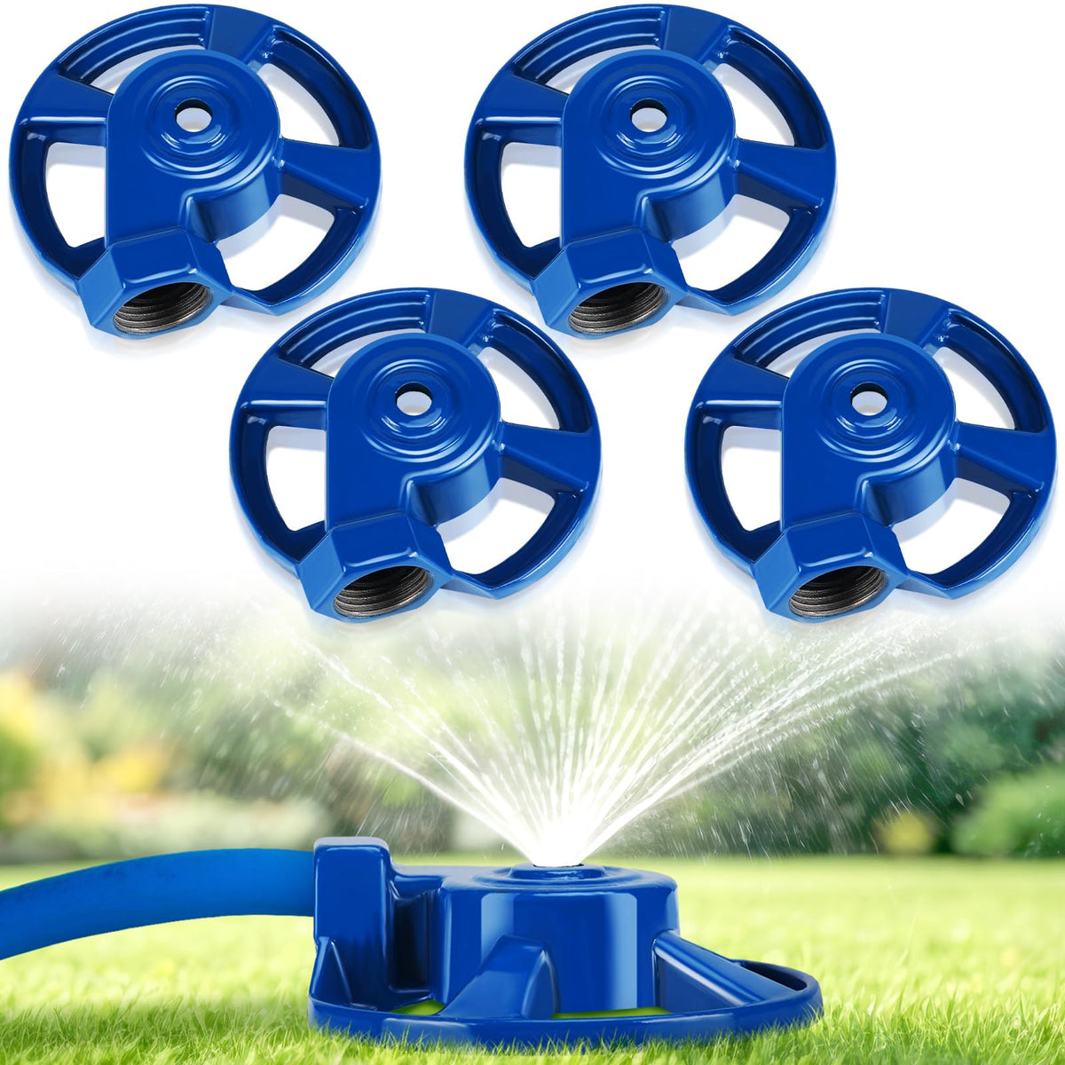 Domensi front view of four cast iron sprinklers showing durable construction and compact size benefit