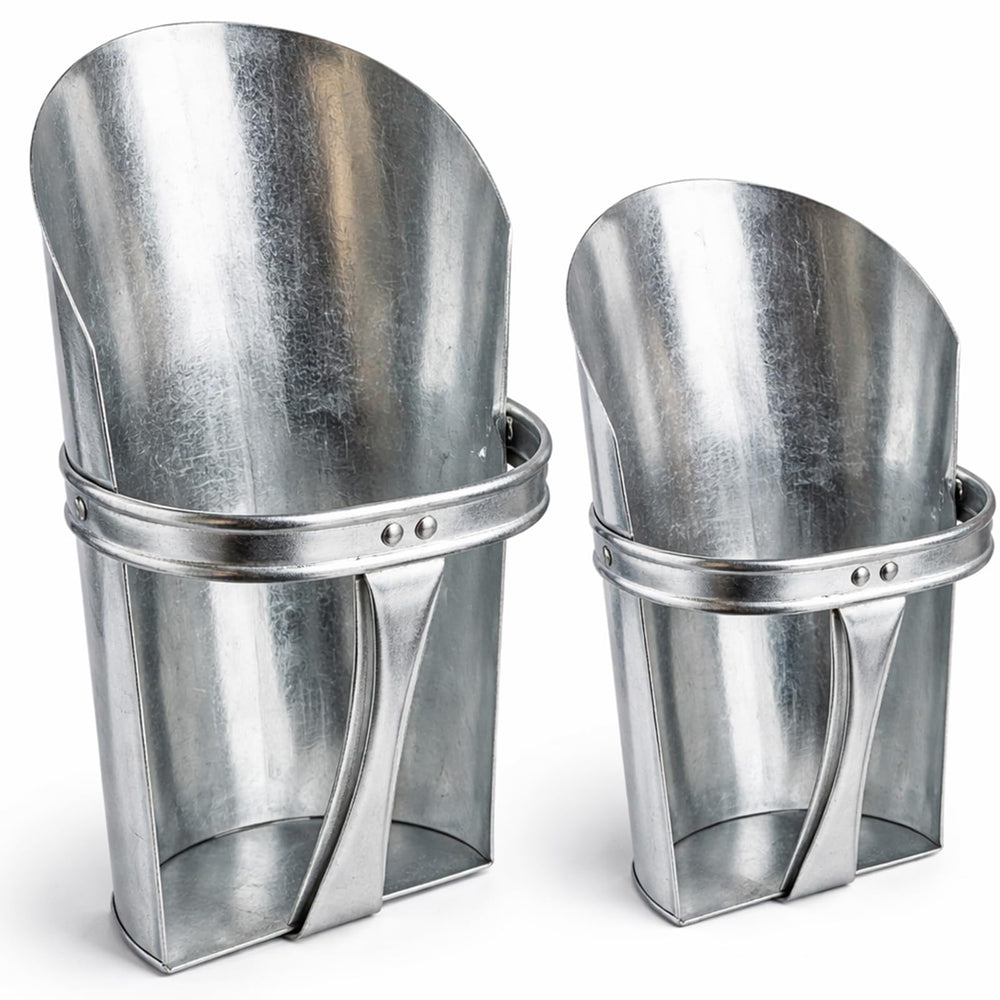 Domensi front view of both scoops showing sizes and durable finish