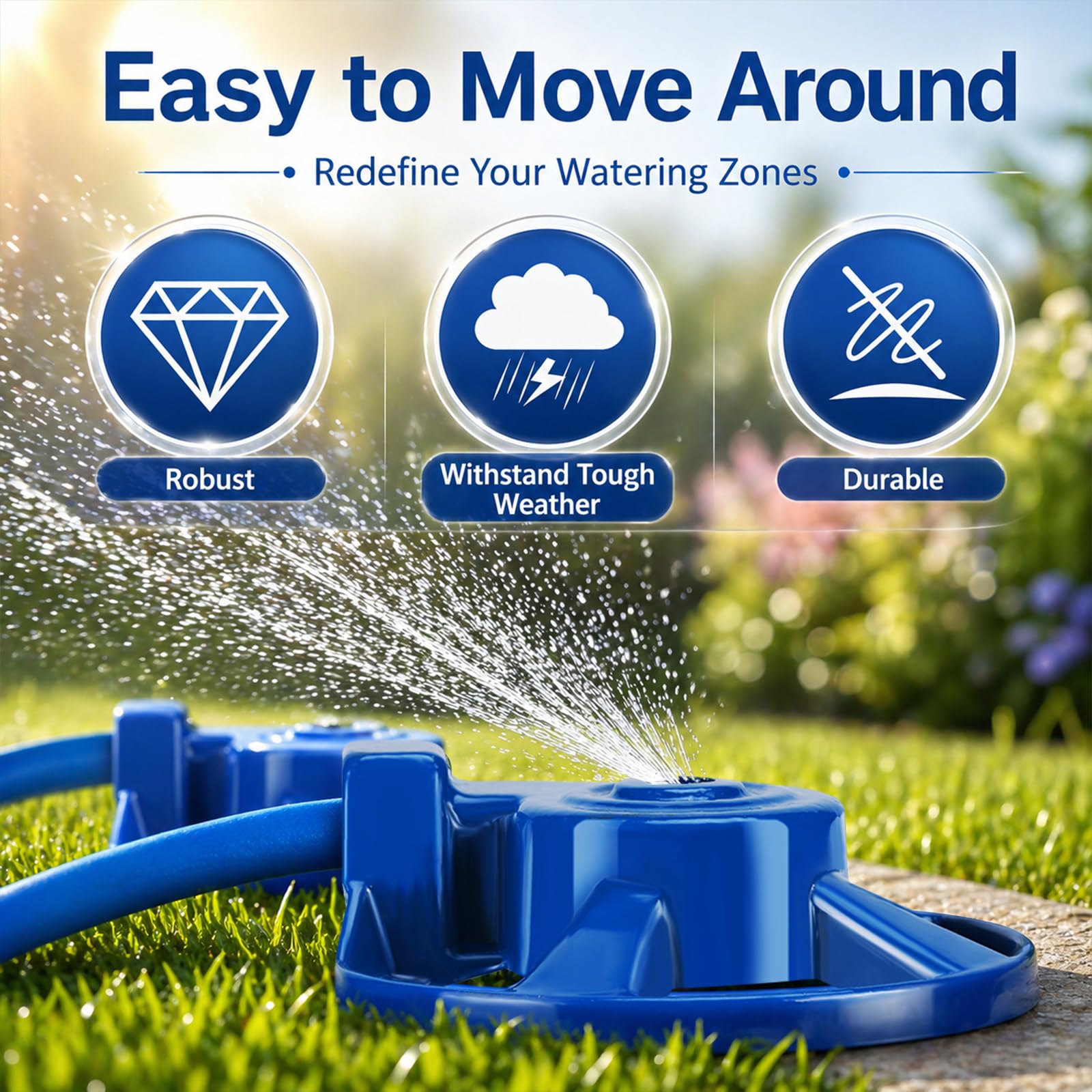 Domensi sprinkler held in hand to show scale and portability benefit