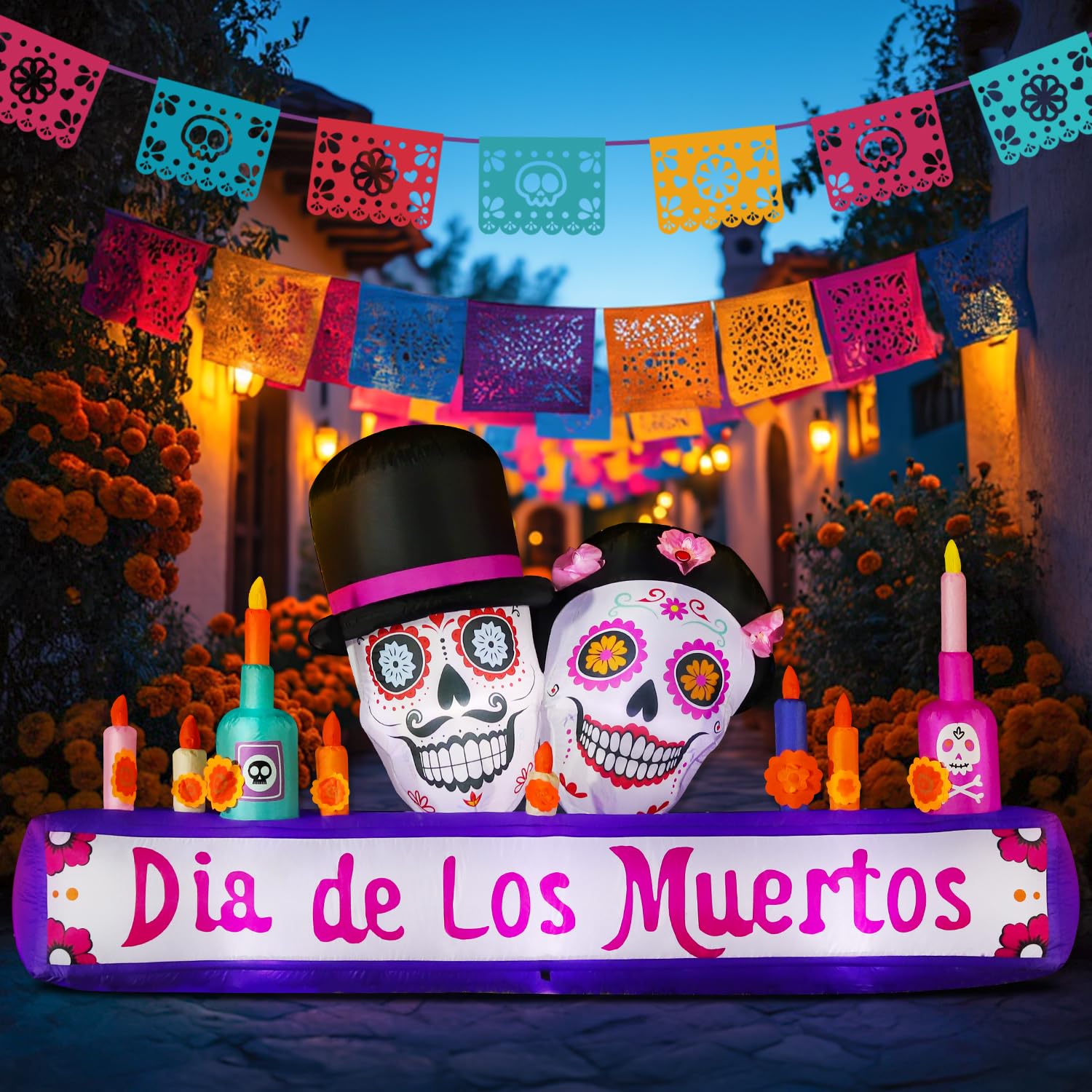 DomKom front view of Catrina altar inflatable showing dramatic Halloween centerpiece