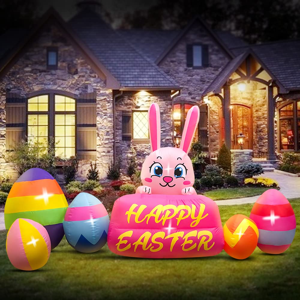 DomKom front view of 8ft bunny showing festive eggs and instant curb appeal