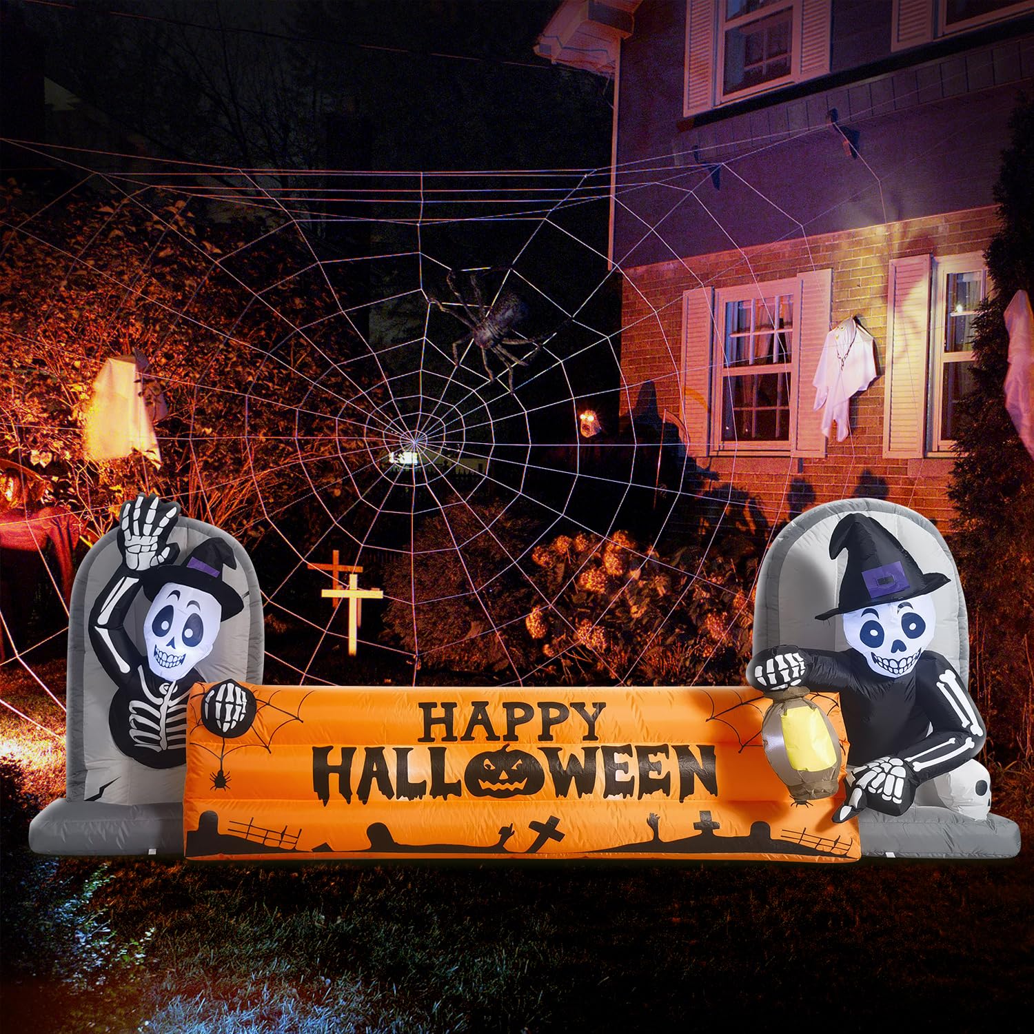 DomKom front view of 10ft skeleton tombstone banner for high-impact curb appeal