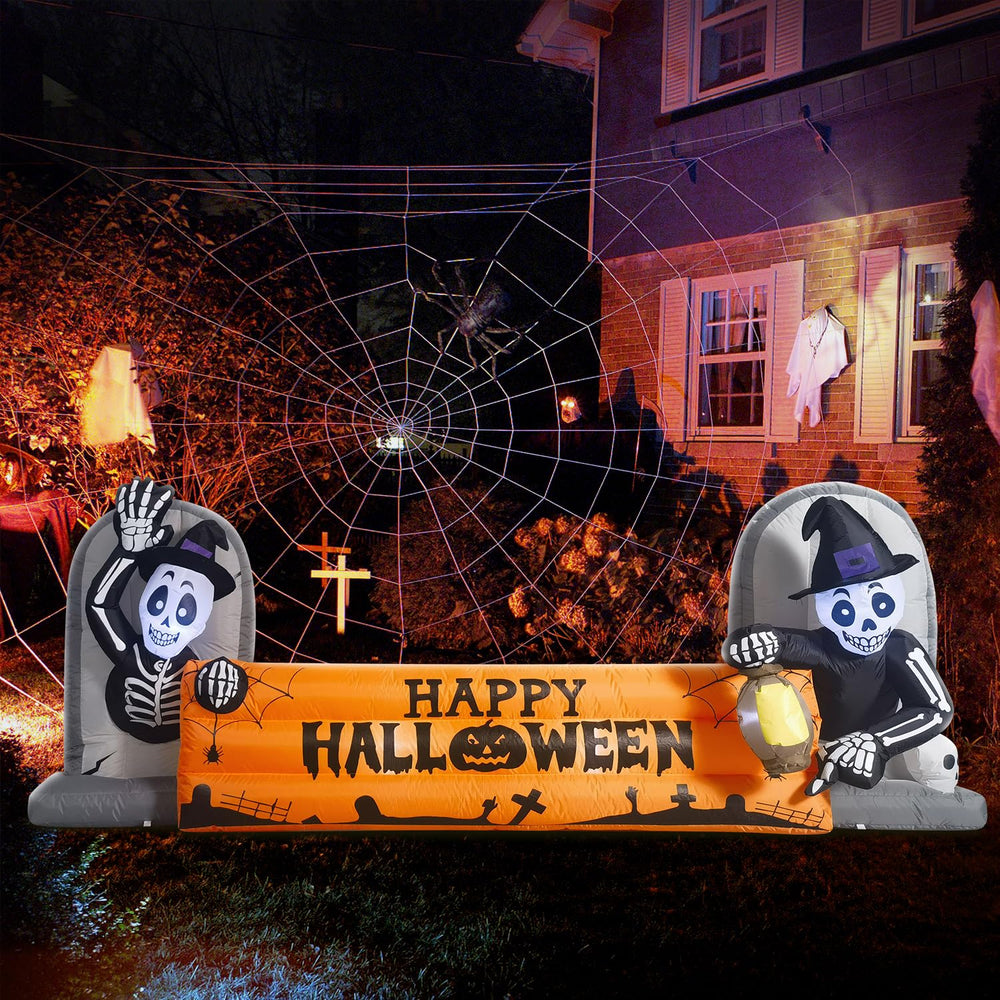 DomKom front view of 10ft skeleton tombstone banner for high-impact curb appeal