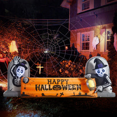 DomKom front view of 10ft skeleton tombstone banner for high-impact curb appeal