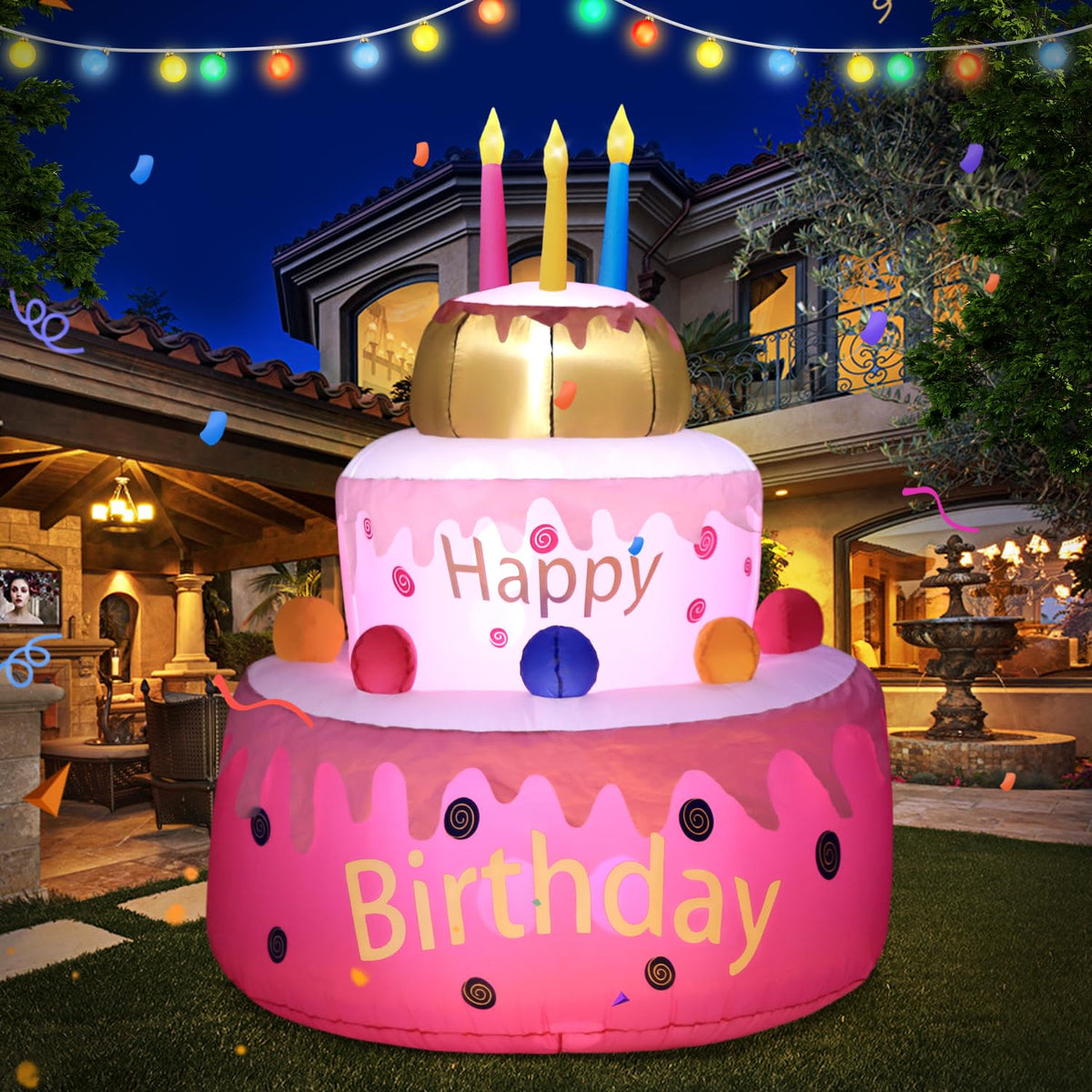 DomKom inflatable cake front view showing festive birthday centerpiece benefit