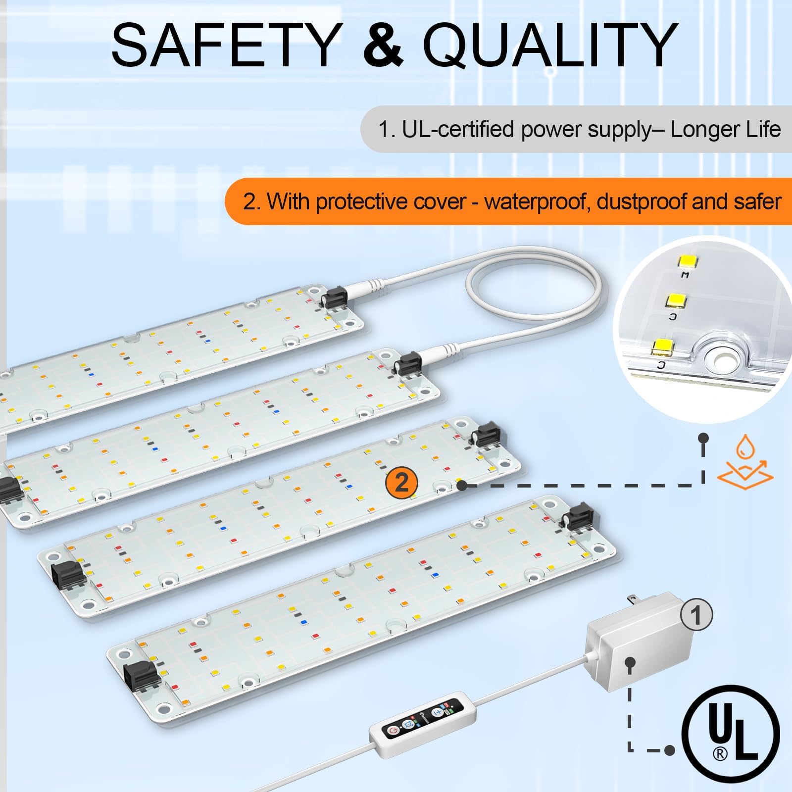 DOMMIA mounted under shelf setup demonstrating saved space and uniform lighting