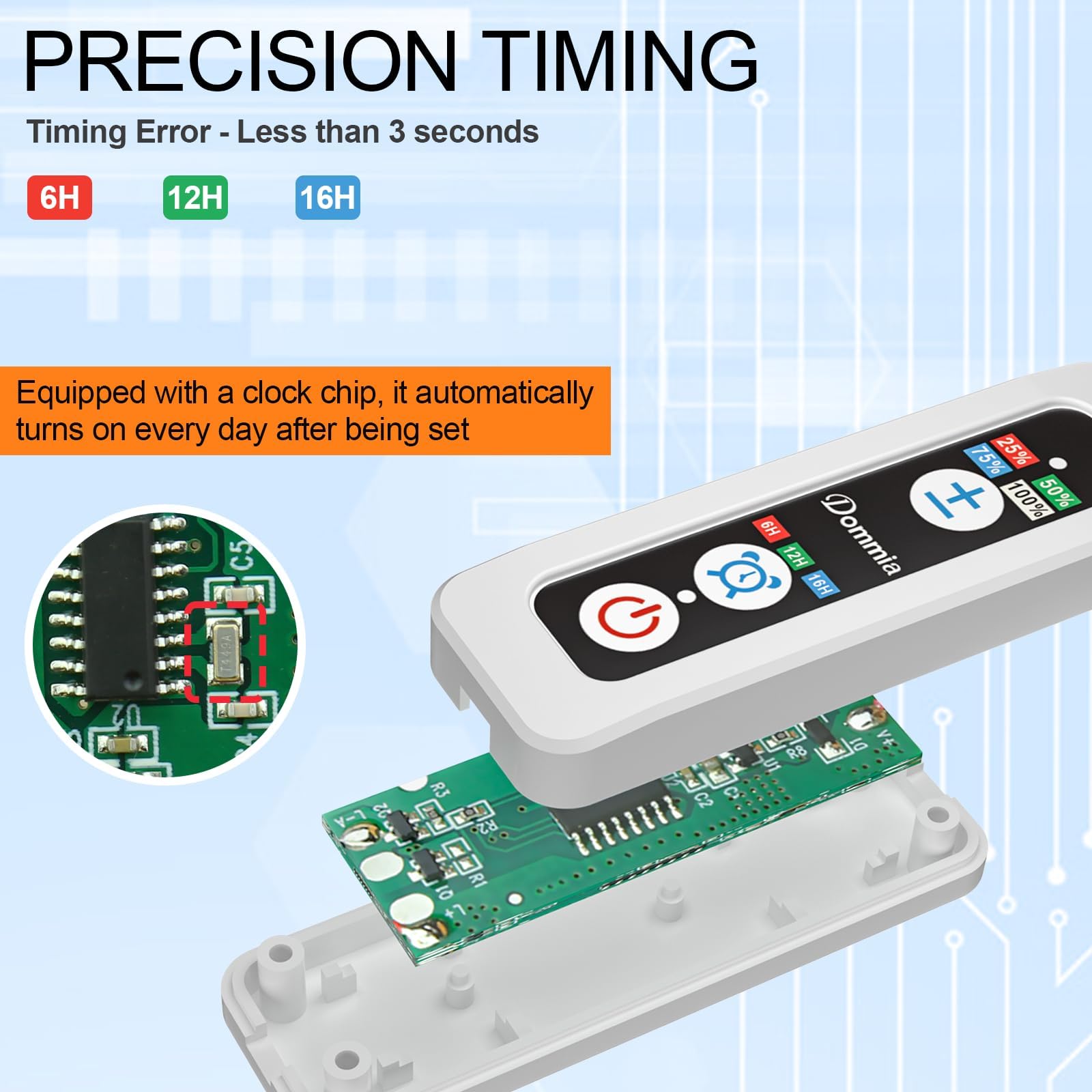 DOMMIA timer and controls closeup highlighting precise scheduling benefit