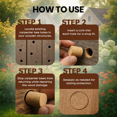 Donaldson Farms cork plug being inserted into carpenter bee hole preventing re-entry