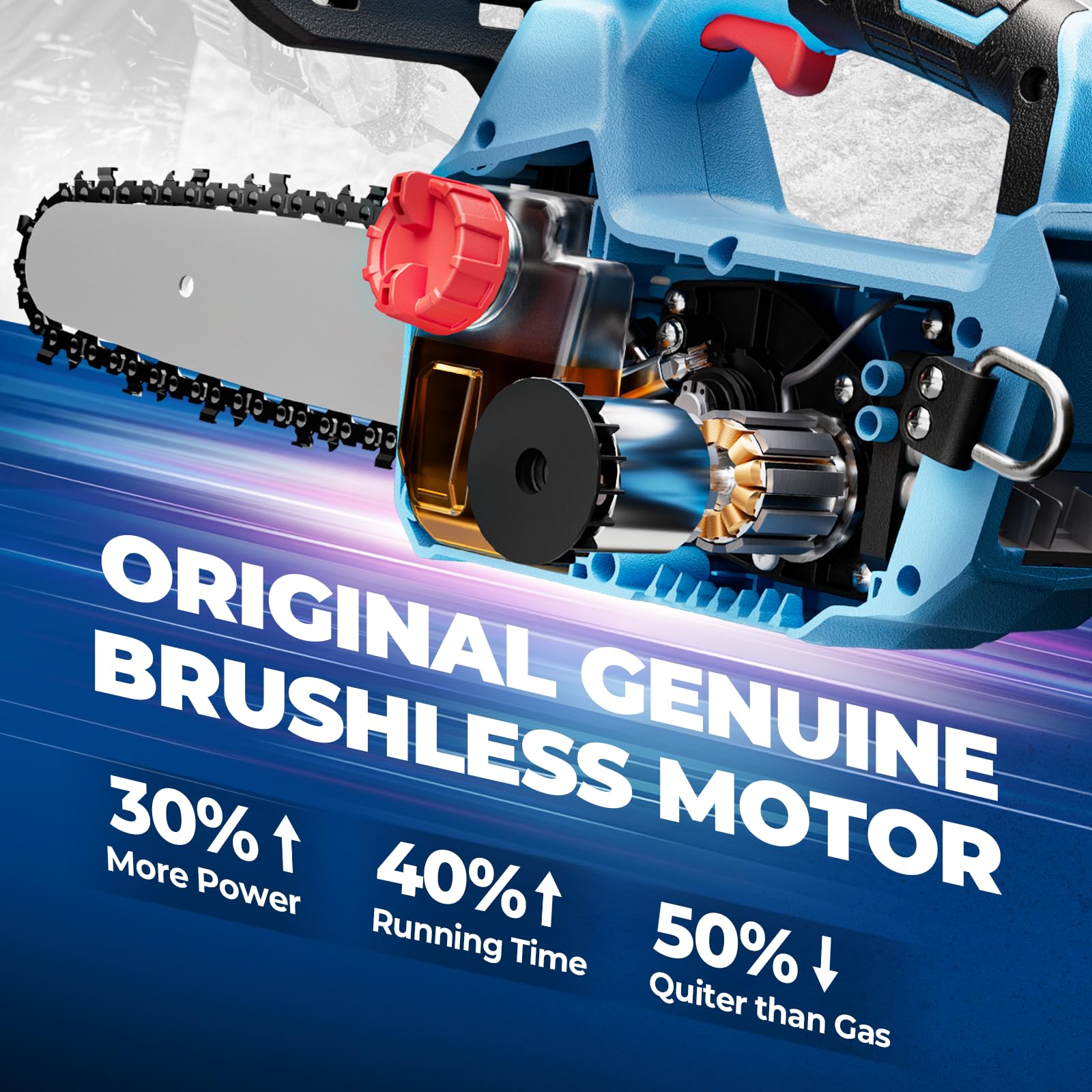 DongCheng chainsaw side profile illustrating compact balance and grip comfort