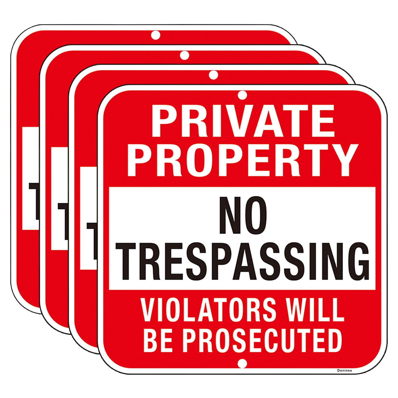 Doninex front view of four reflective no trespassing signs showing bold lettering and durability
