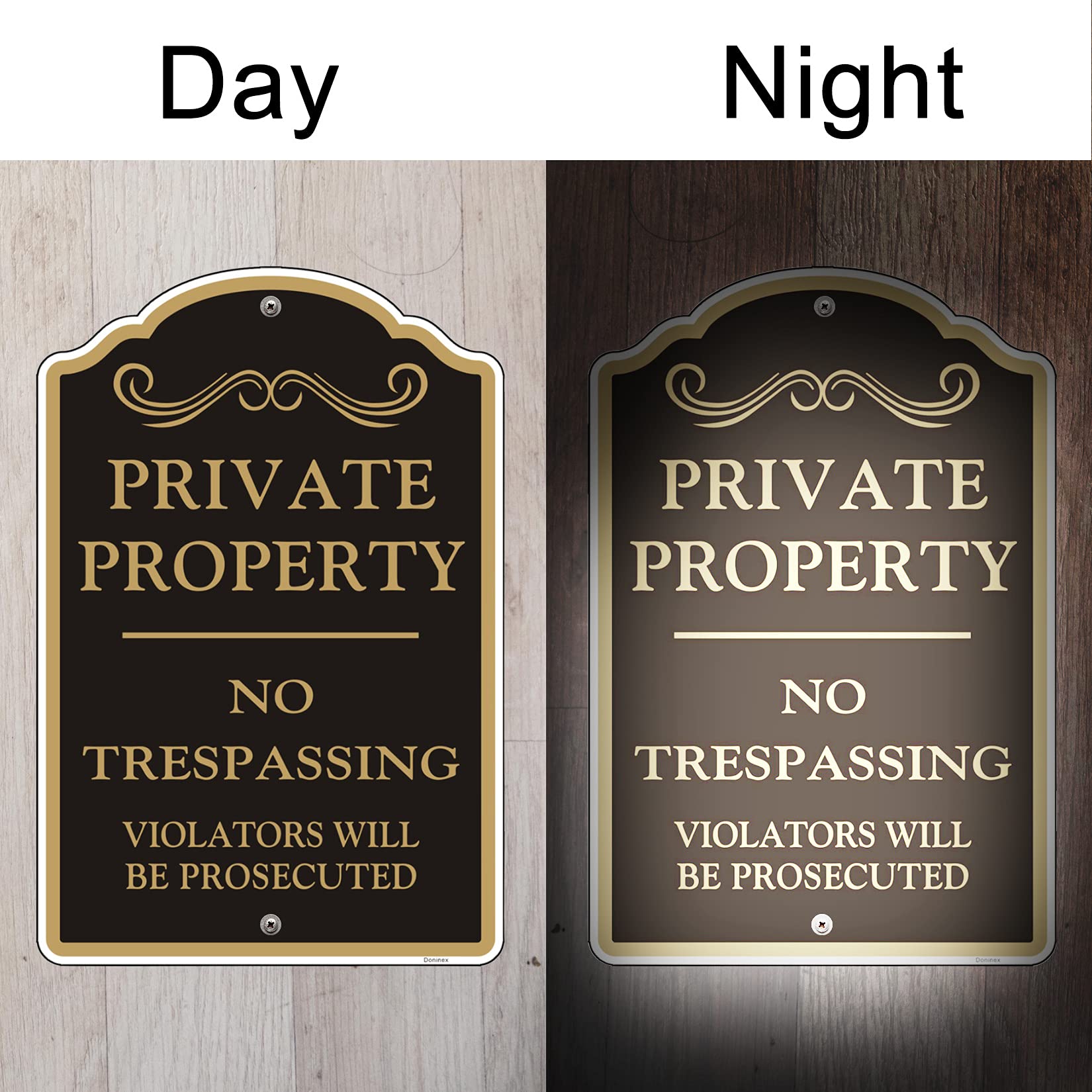 Doninex sign mounted on fence in backyard illustrating simple installation and deterrence