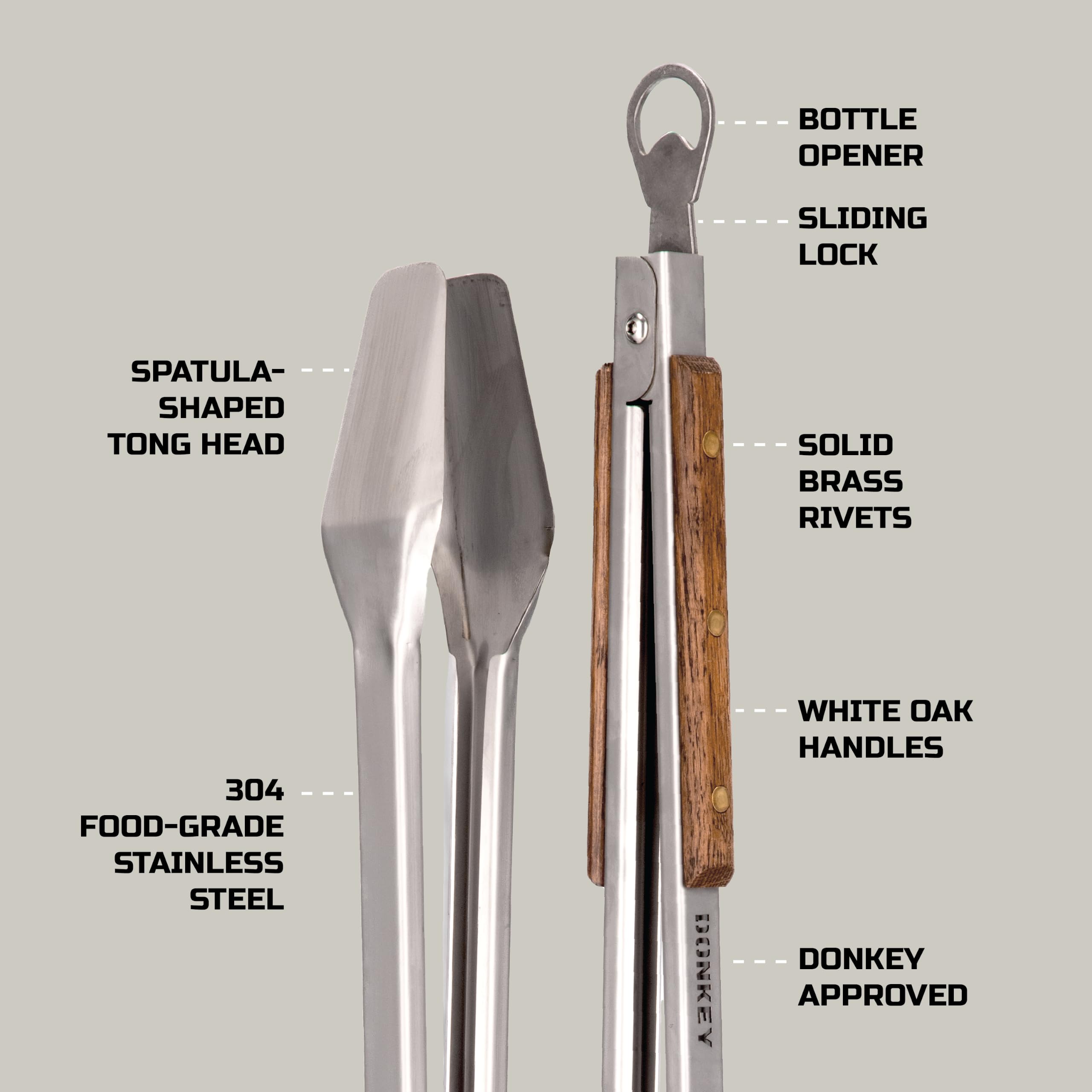 Donkey Long Tong stainless steel head detail with flat grip to flip meat without tearing
