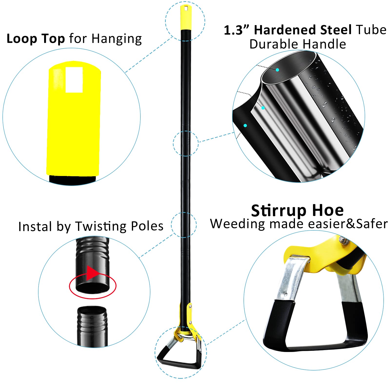 DonSail assembled hoe in garden row illustrating efficient push-pull weeding benefit