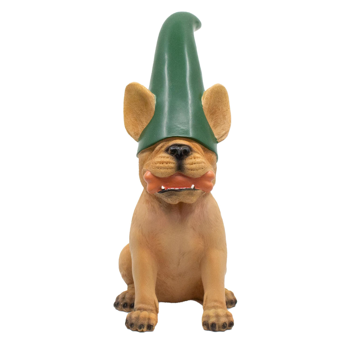Doodle Gnome front view of beige Frenchie statue showing friendly expression and curb appeal