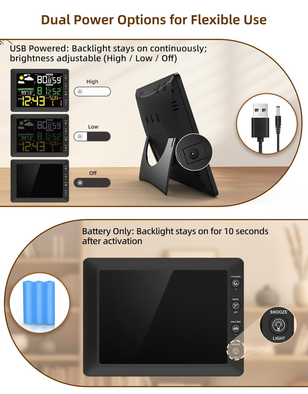DOOMAY lifestyle on bedroom table displaying time and indoor conditions for planning