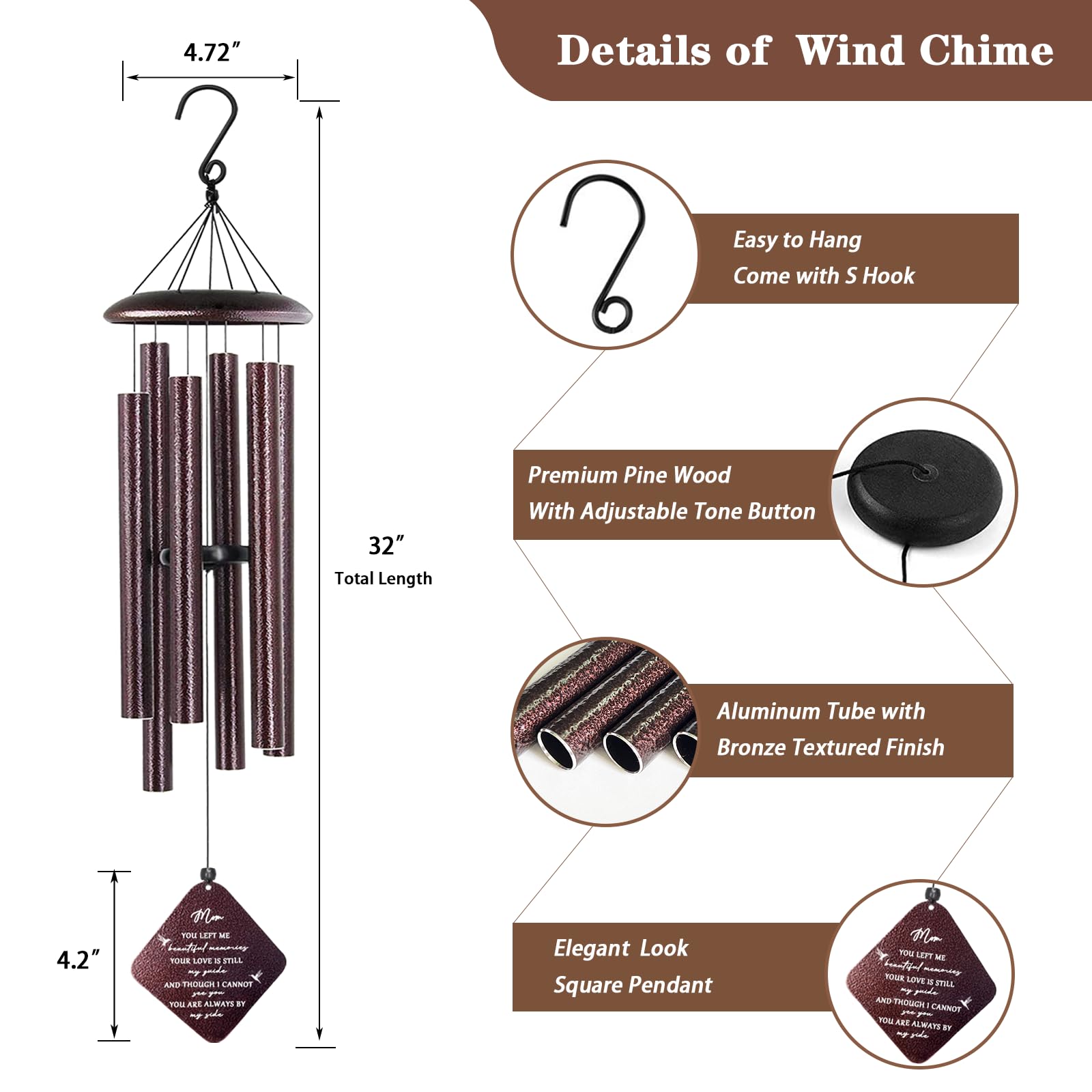 Doopeer wind chime next to hand for scale demonstrating the 32-inch size and fit