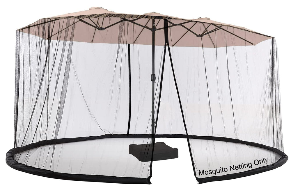 DOOSARG front view of full net fitted to large umbrella showing coverage benefit