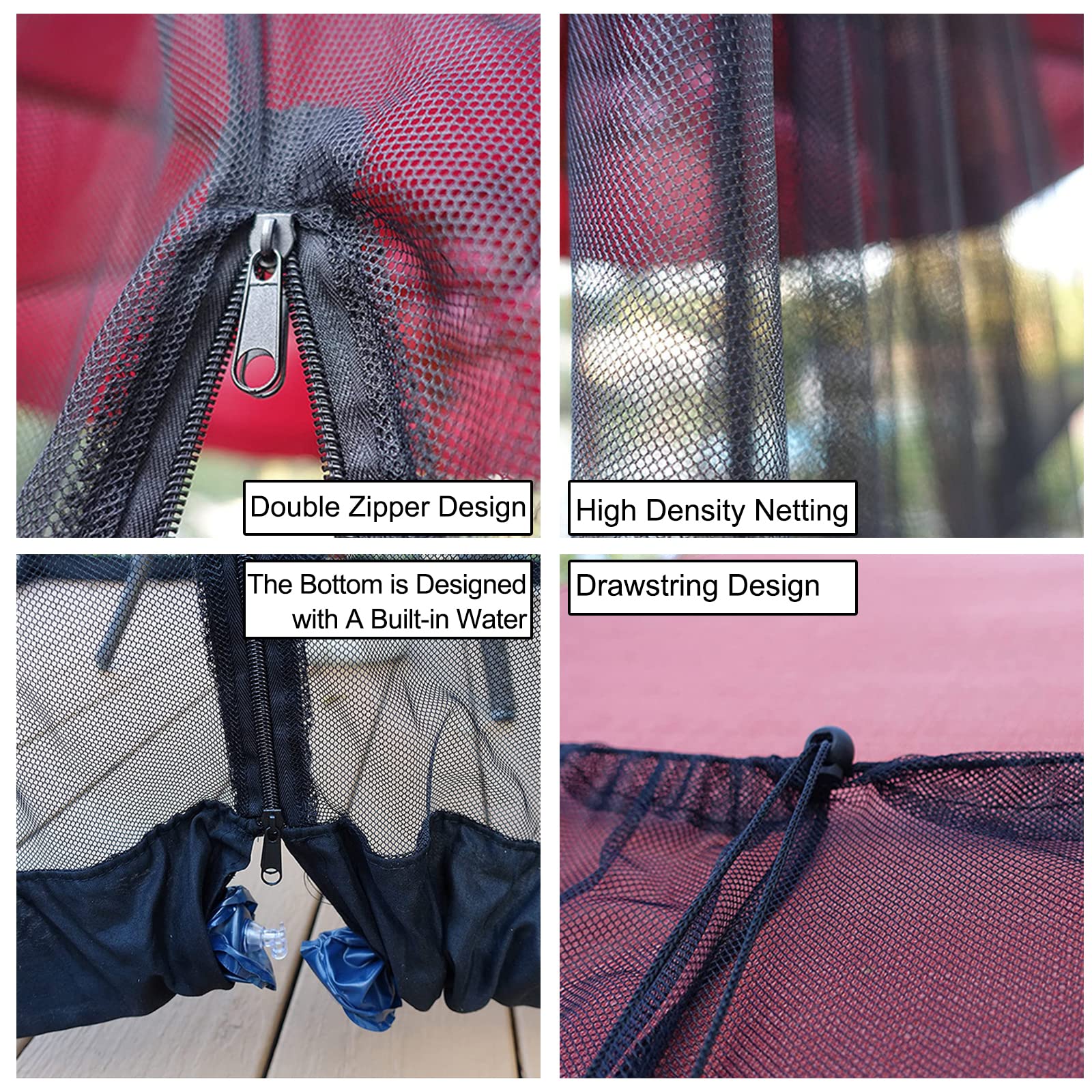 DOOSARG net beside measuring tape showing fit for 10x10 and 15ft umbrellas