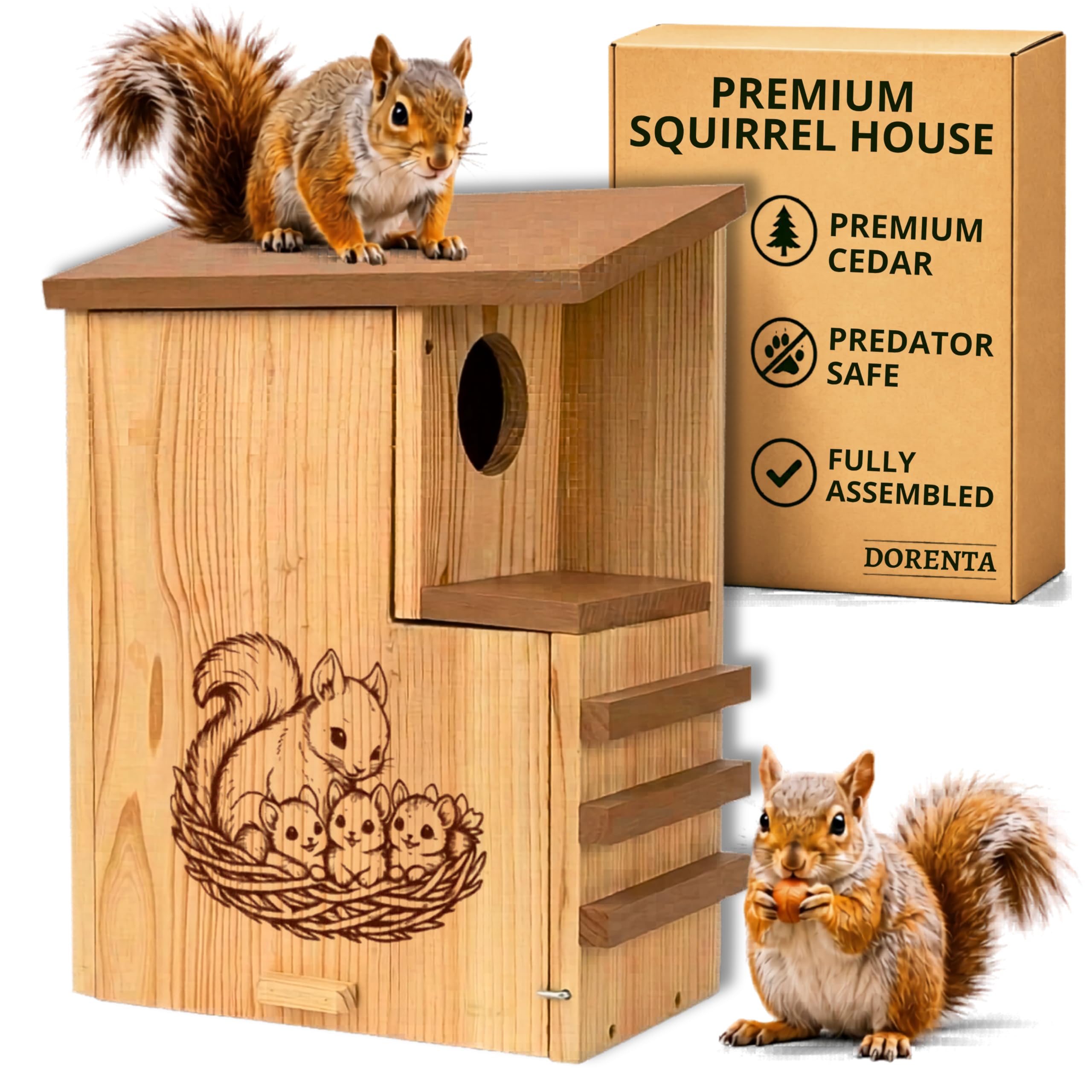 DORENTA front view cedar squirrel house showing durable exterior and quick-install benefit