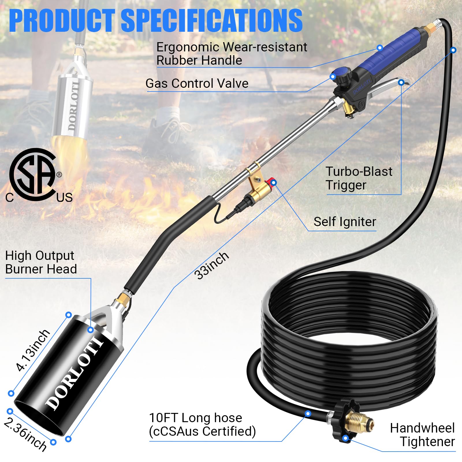 DORLOTI igniter and turbo trigger on handle for easy one-handed flame control