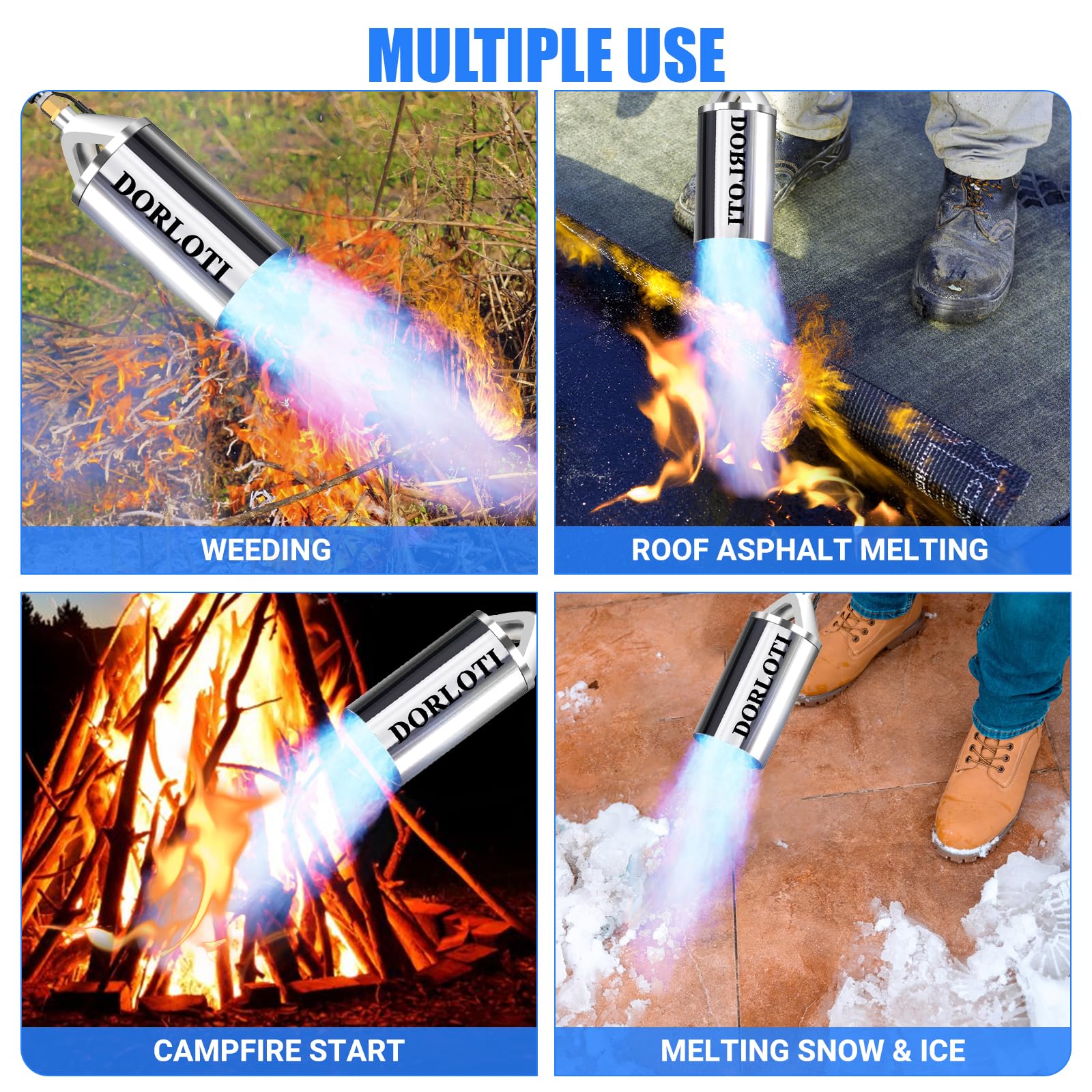 DORLOTI torch in use removing weeds in garden illustrating chemical-free weed control