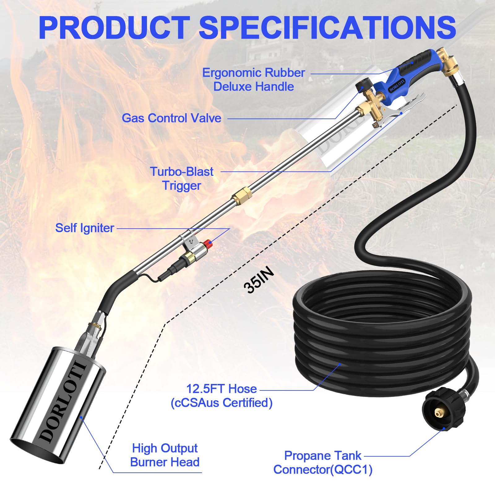 DORLOTI nozzle close-up highlighting robust build and precise flame control benefit