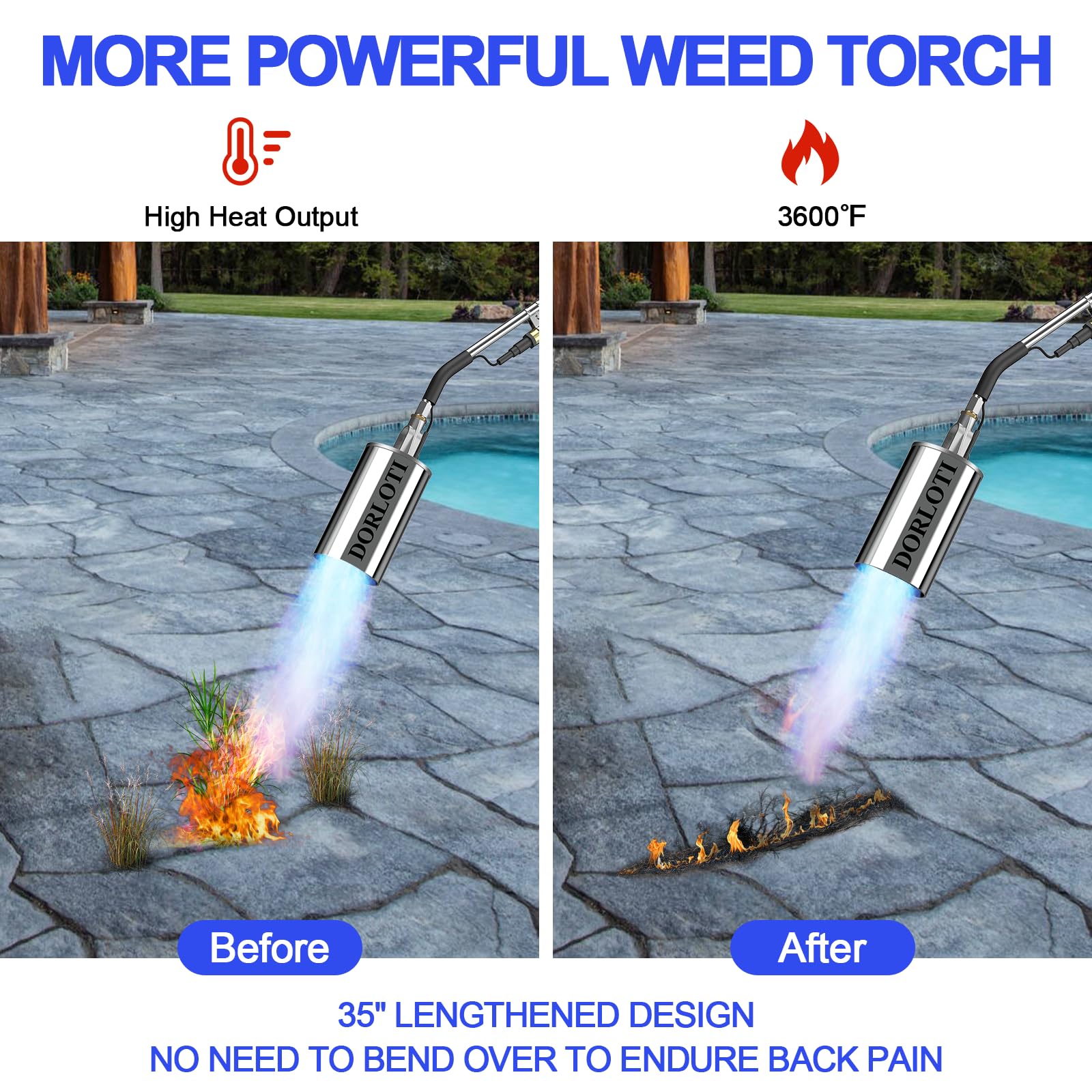 DORLOTI long torch in use weeding showing extended reach benefit