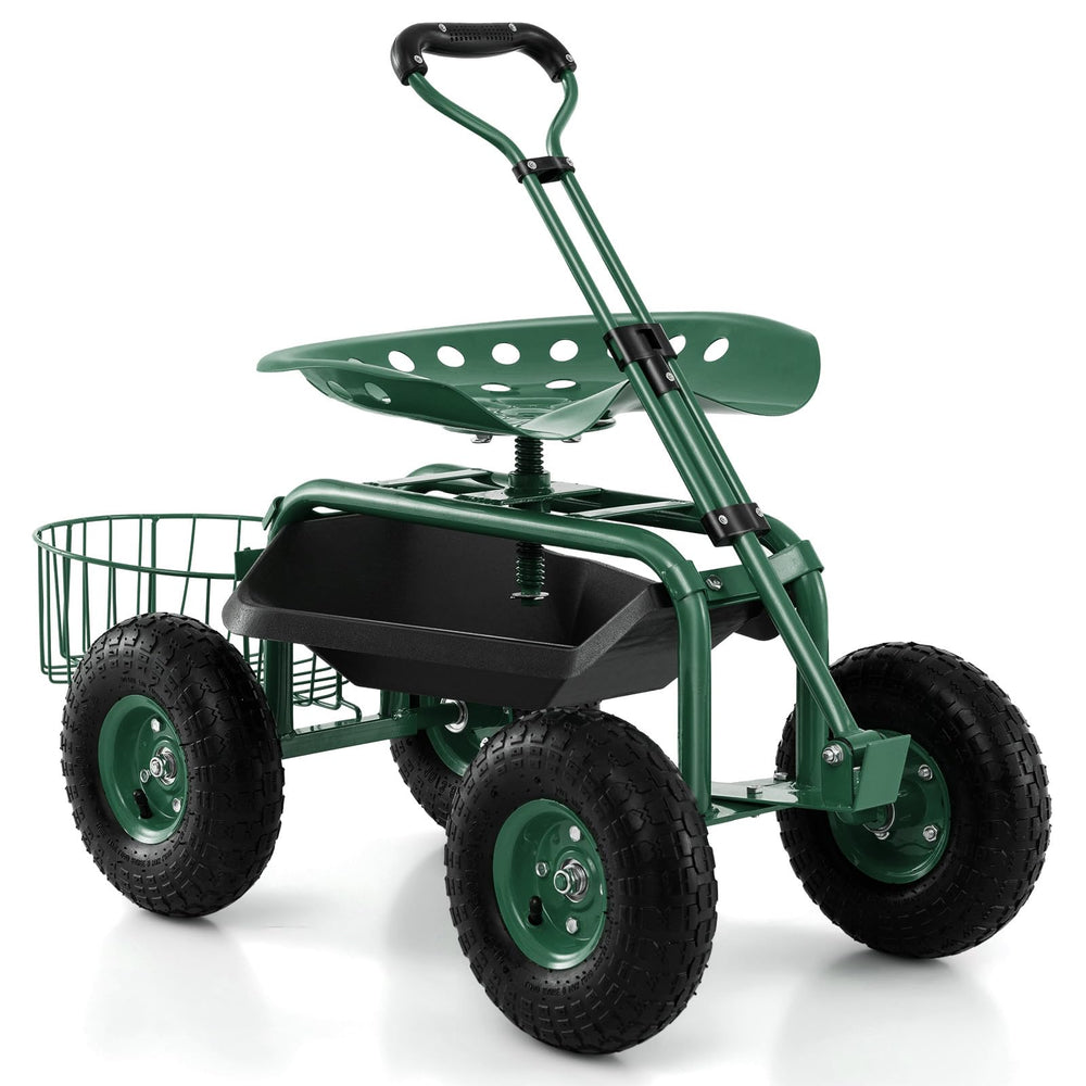 DORTALA front view of assembled garden cart showing sturdy frame and seat benefit ergonomic support