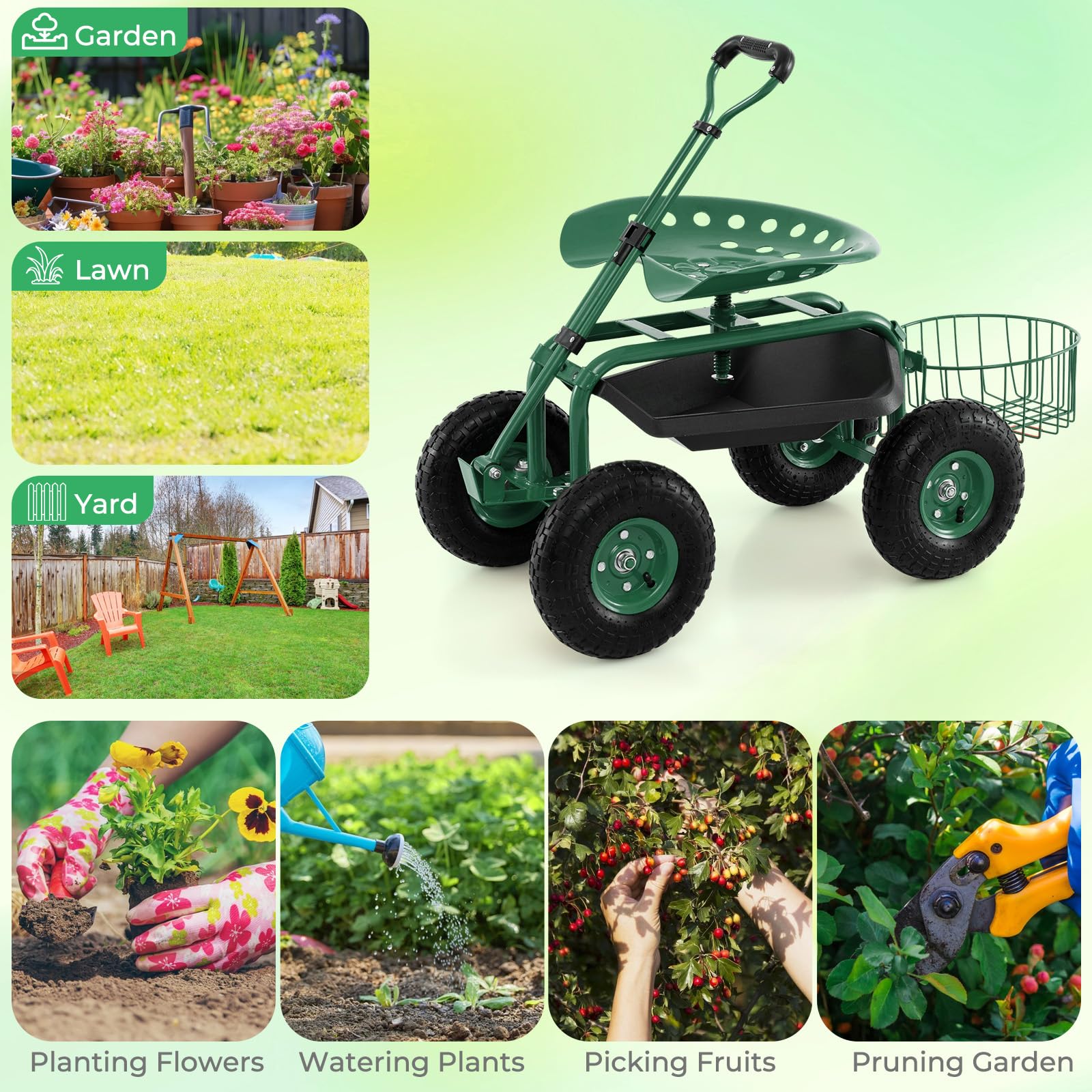 DORTALA garden cart beside tools for scale showing compact footprint benefit