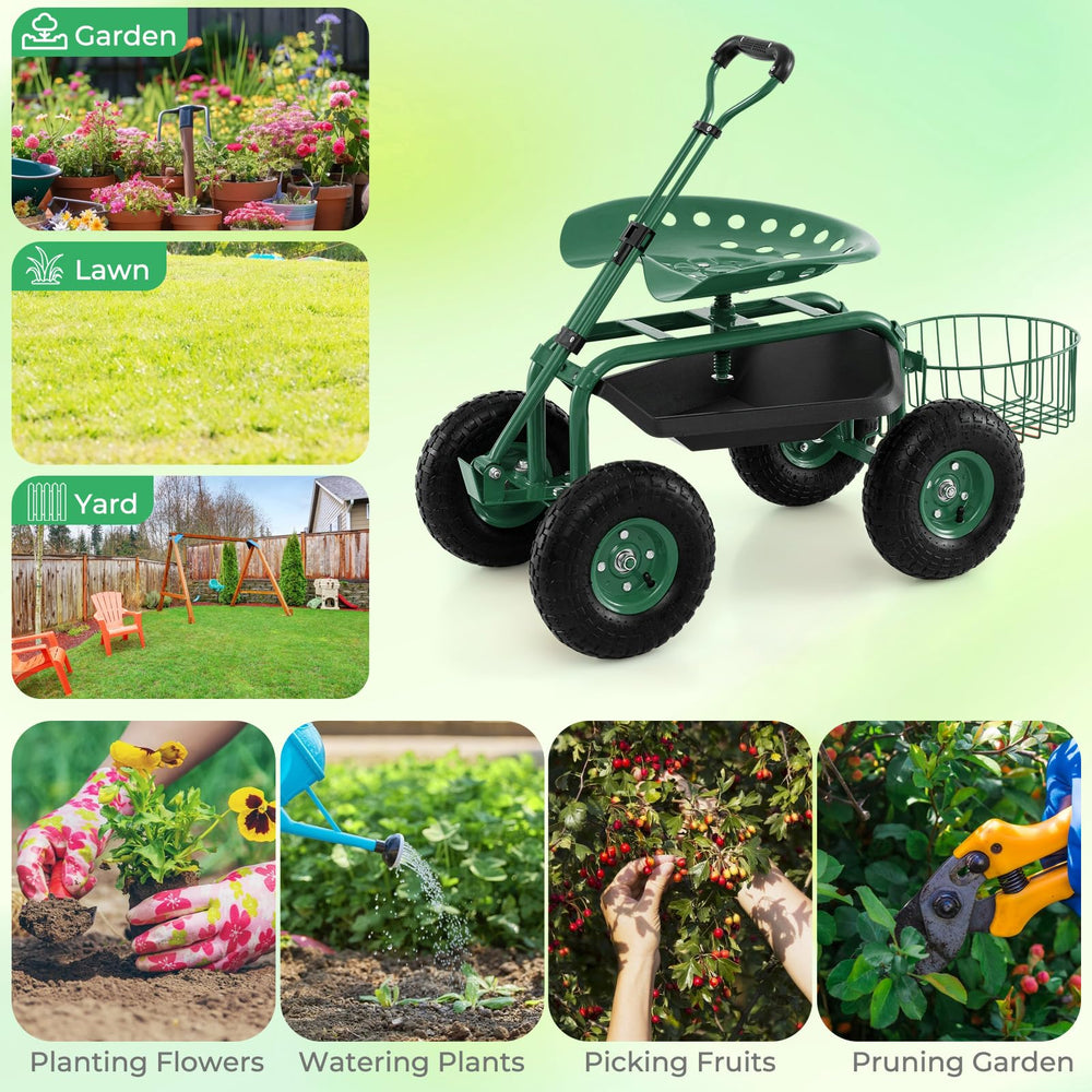 DORTALA garden cart beside tools for scale showing compact footprint benefit