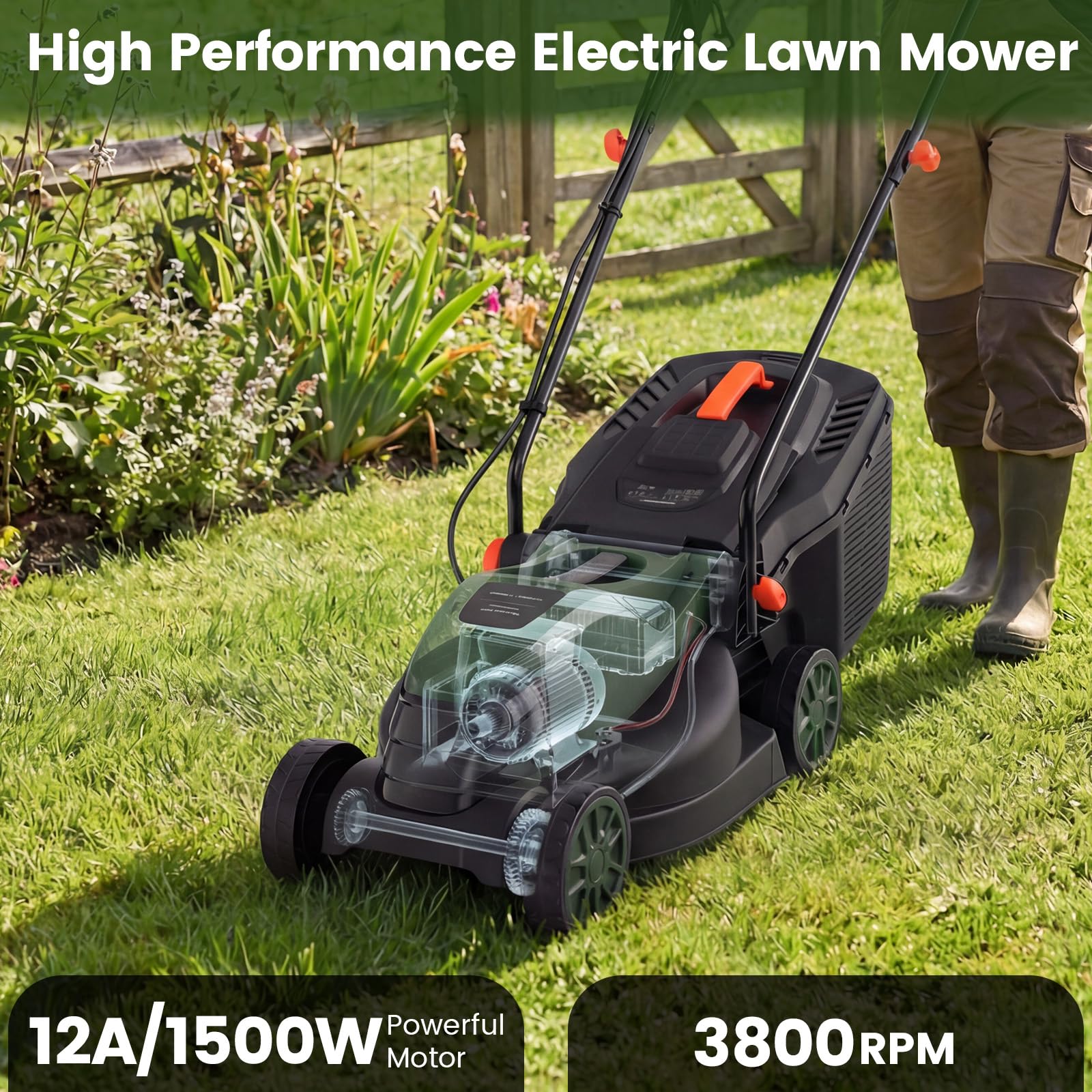 DORTALA side profile highlighting the 14-inch cutting deck for efficient mowing