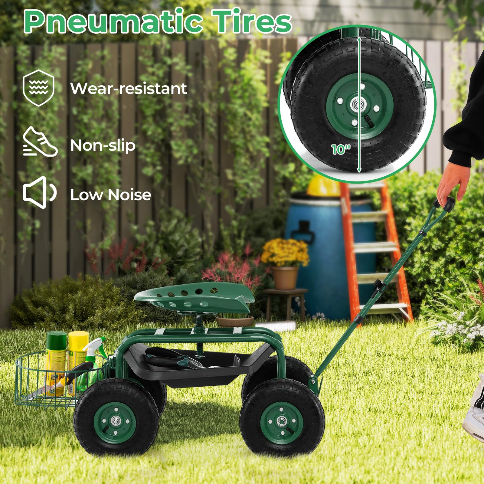 DORTALA 10-inch pneumatic wheel tread close-up showing traction and stability benefit