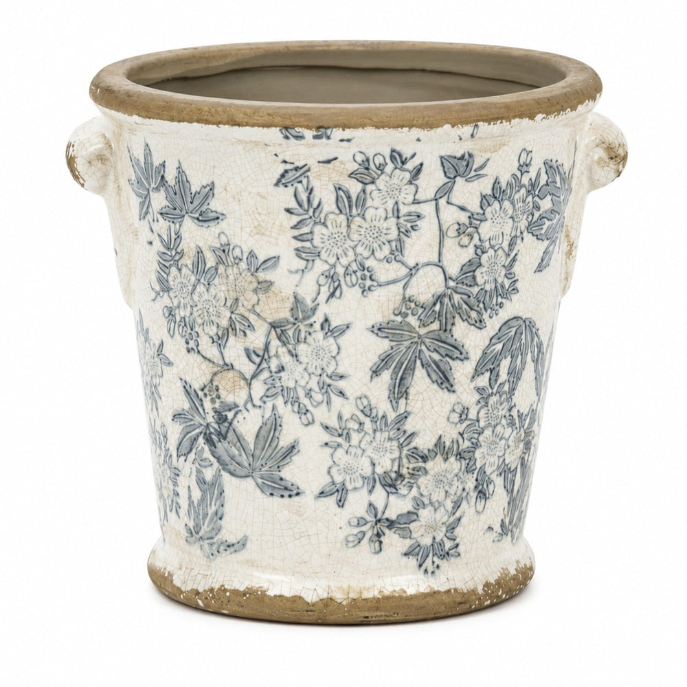 Dosayes front view of vintage flower pot showing decorative pattern and charm