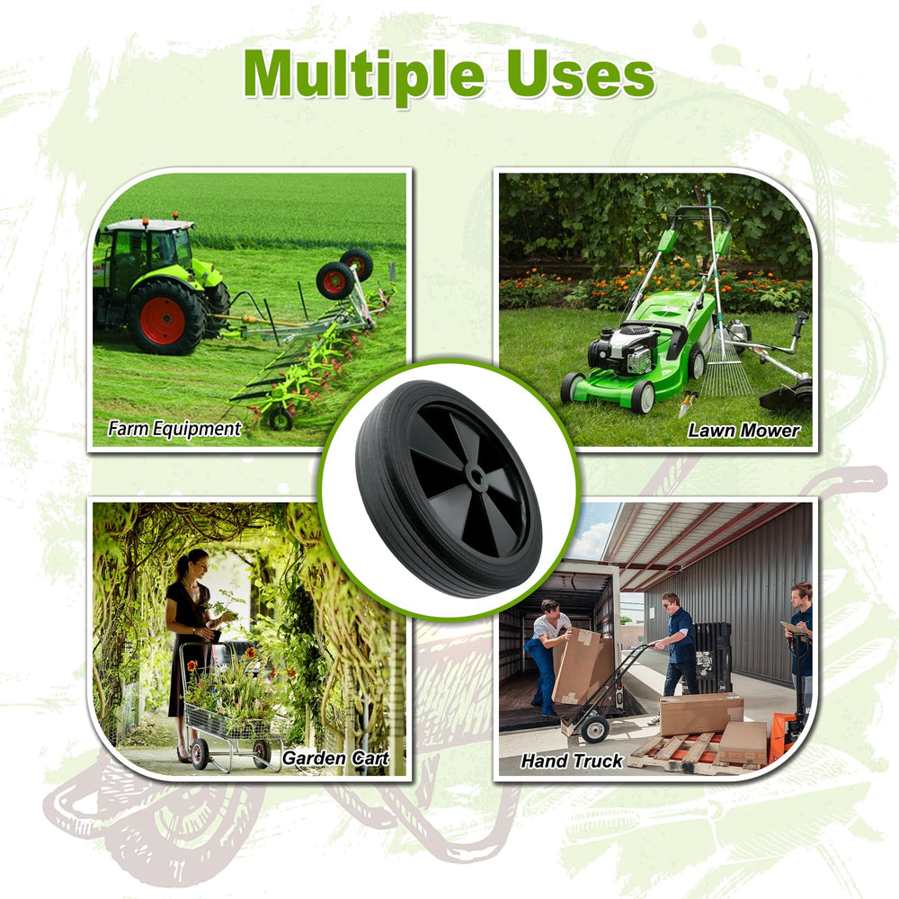 DOUBLE BRIDGE wheel on lawn cart in yard showing maintenance-free solid rubber use