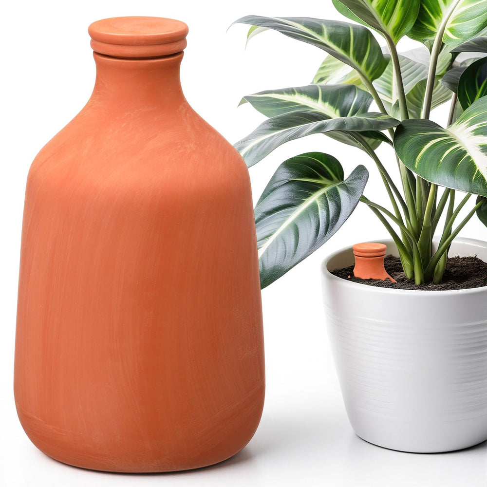 DoubleFill front view of terracotta olla showing shape and natural clay finish for reliable watering