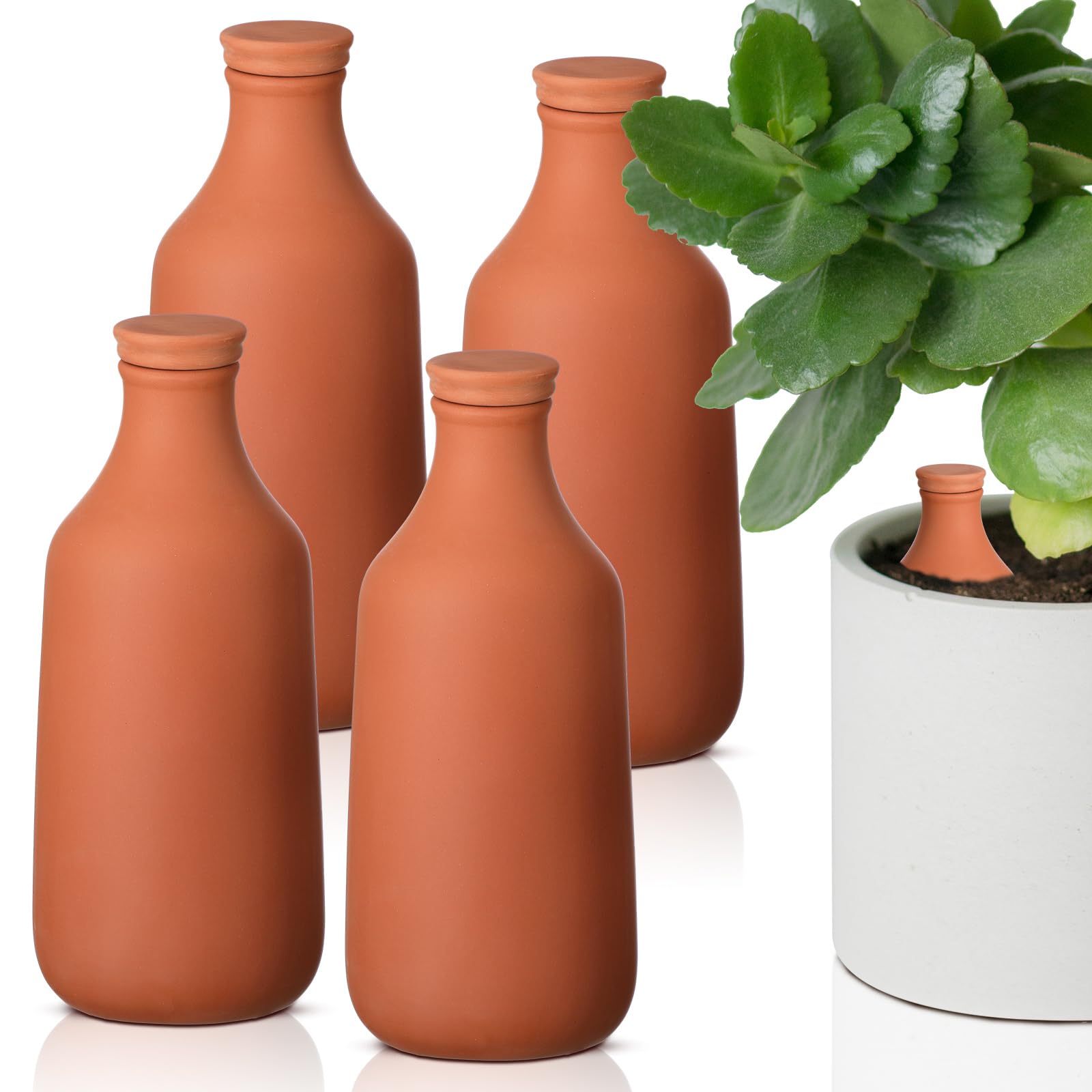 DoubleFill front view of four terracotta ollas showing compact kit and easy storage benefit