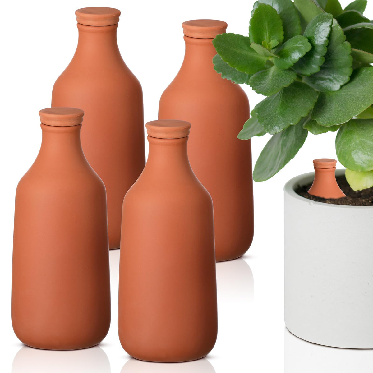 DoubleFill front view of four terracotta ollas showing compact kit and easy storage benefit