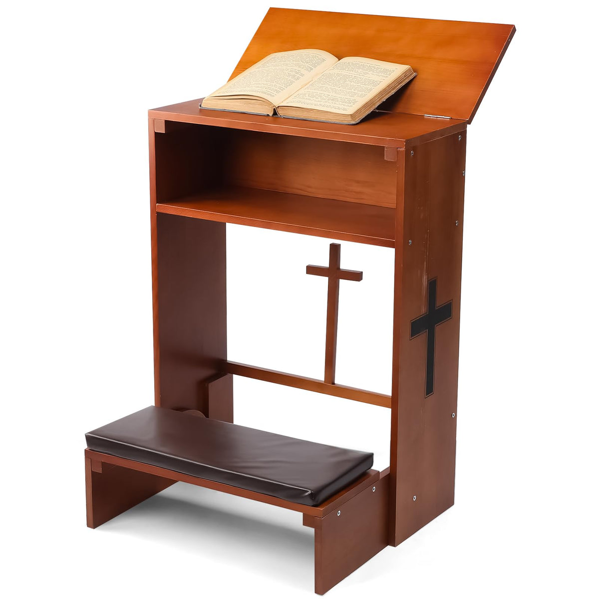 DoubleFill front view of wood prayer kneeler showing shelf and drawer for organized devotion