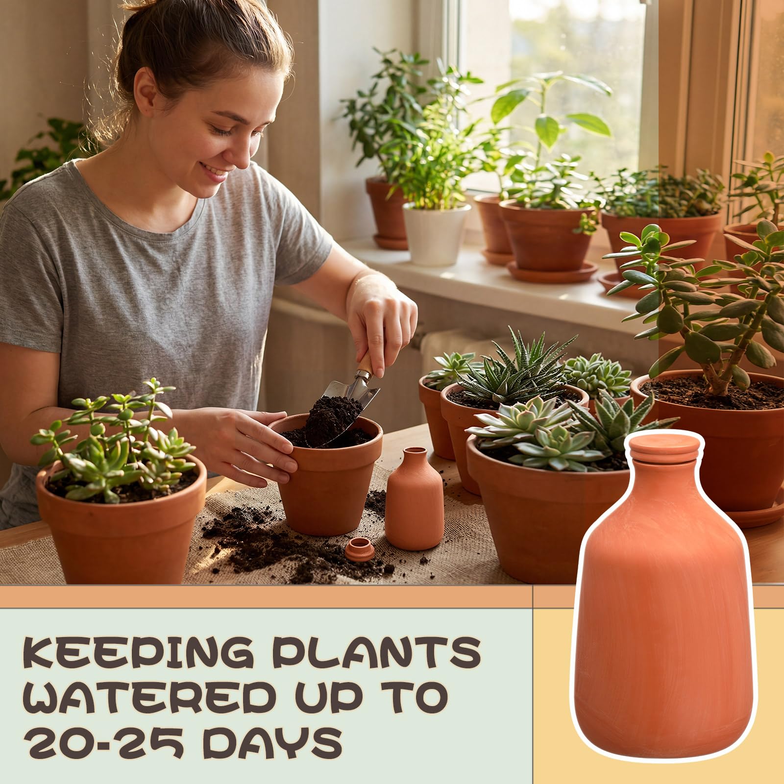 DoubleFill olla next to a hand for scale showing large 100 oz capacity and time-saving watering
