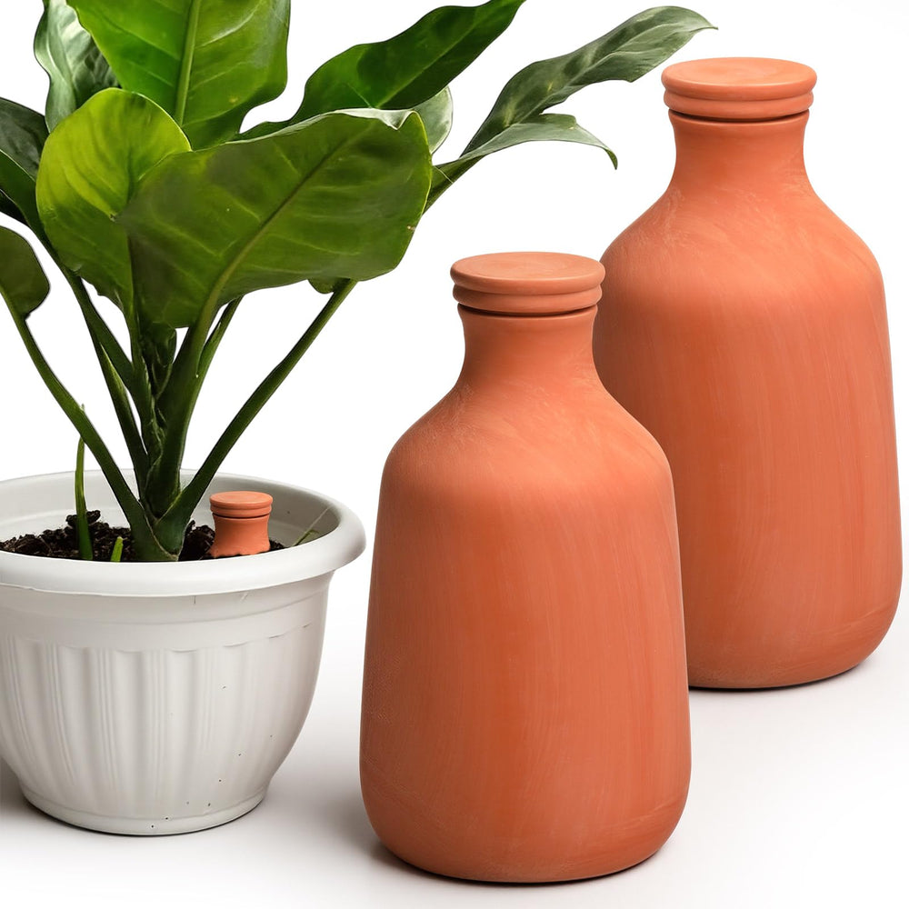 DoubleFill front view of two terracotta ollas showing size and finish benefit consistent watering