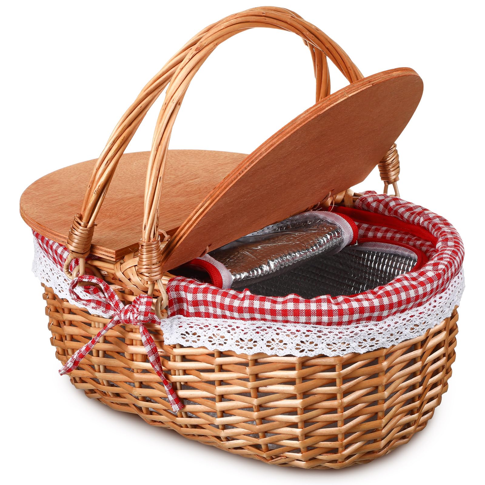 DoubleFill front view showing red plaid basket and lid, attractive and portable