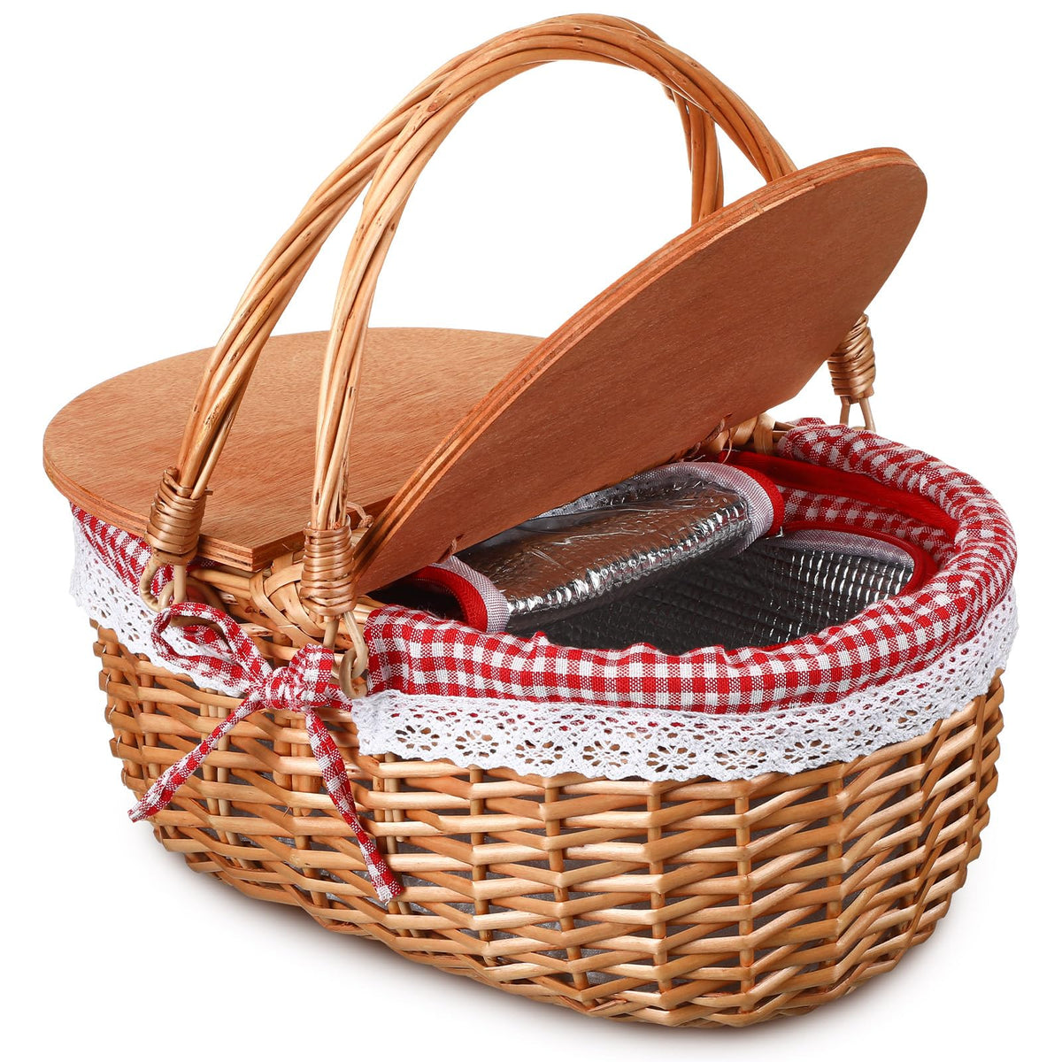 DoubleFill front view showing red plaid basket and lid, attractive and portable