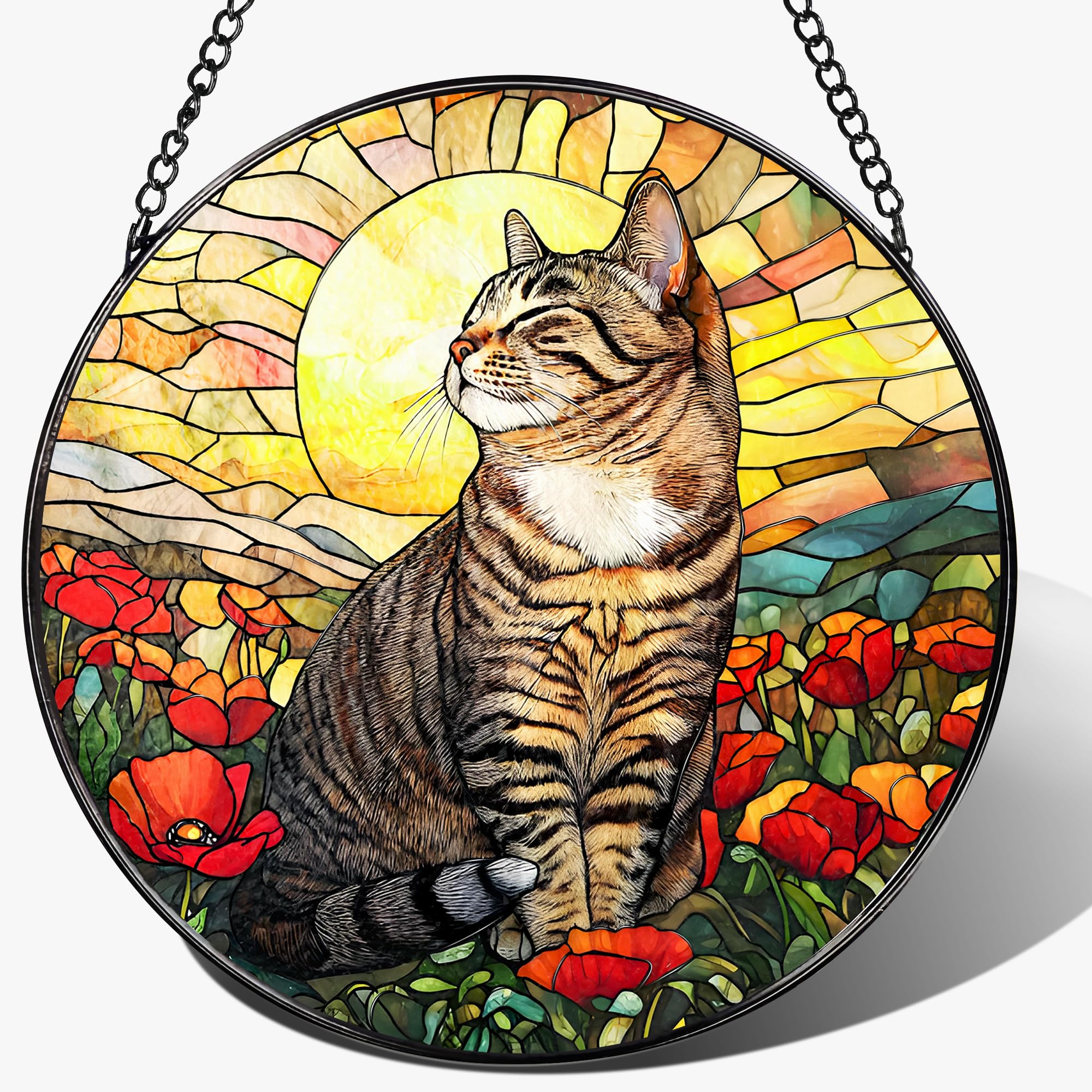 DOUHASU front view of cat stained glass suncatcher creating colorful light