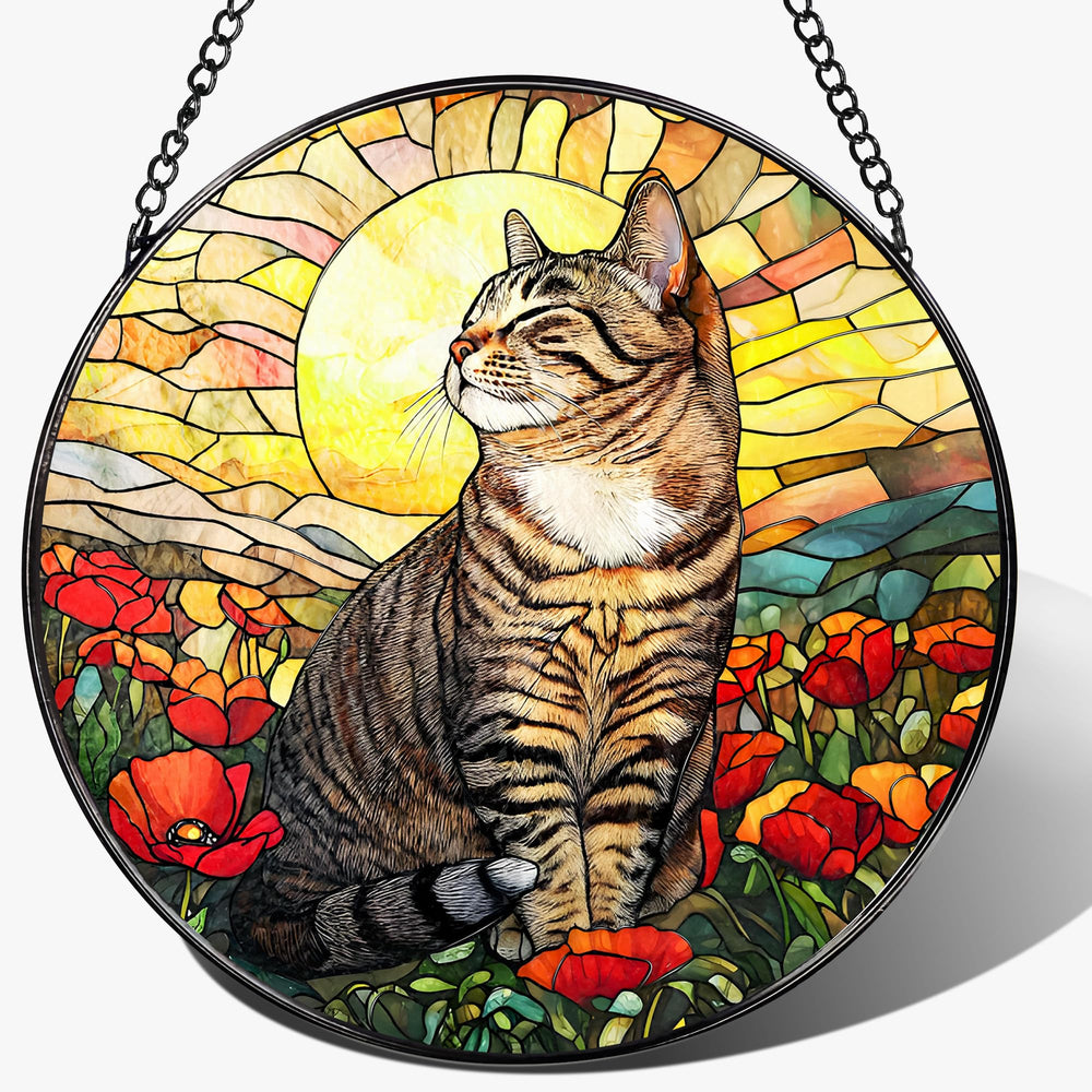 DOUHASU front view of cat stained glass suncatcher creating colorful light