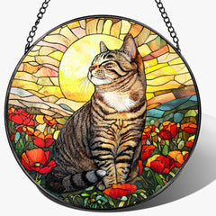 DOUHASU front view of cat stained glass suncatcher creating colorful light