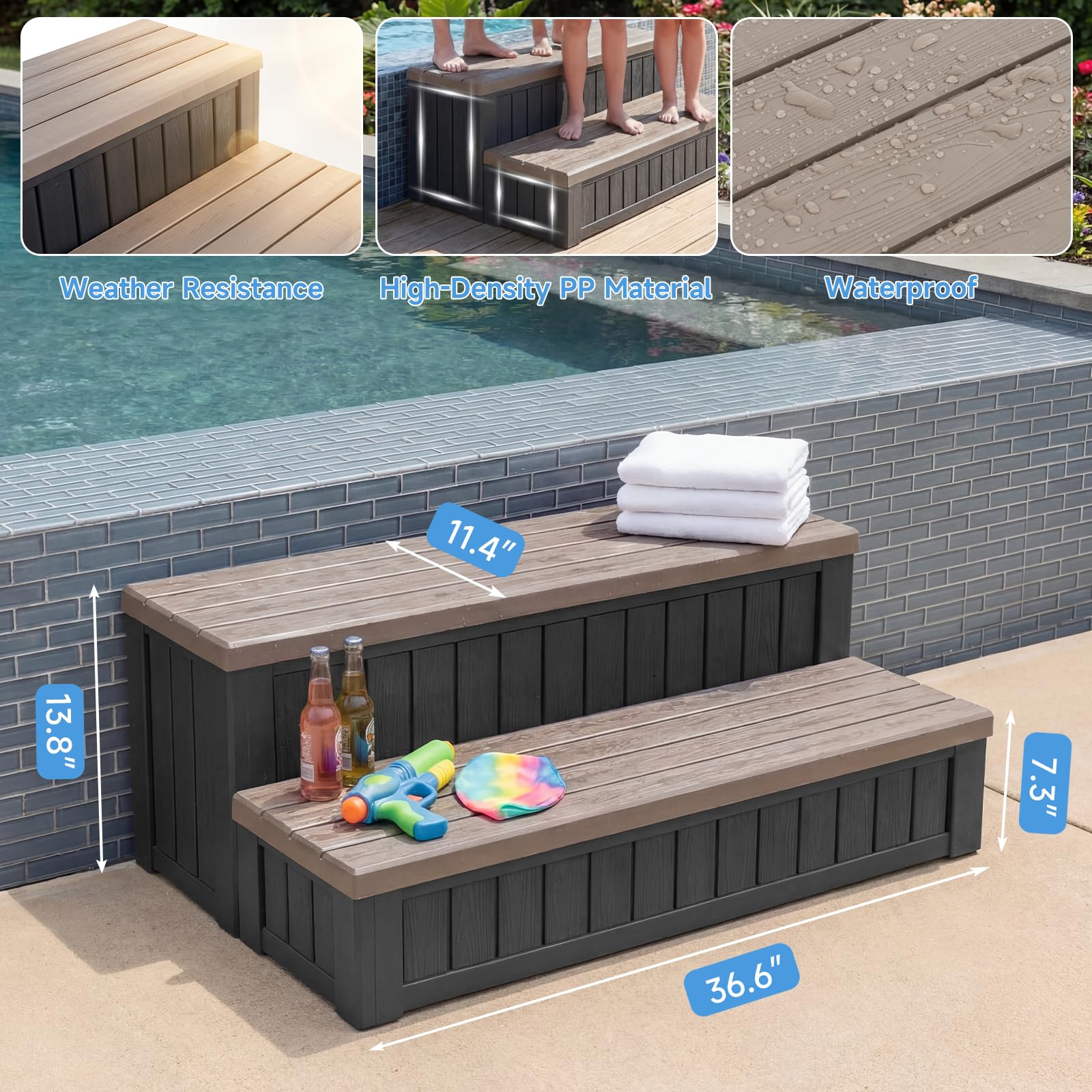 Dovov steps next to folded towel to show scale and convenient storage benefit