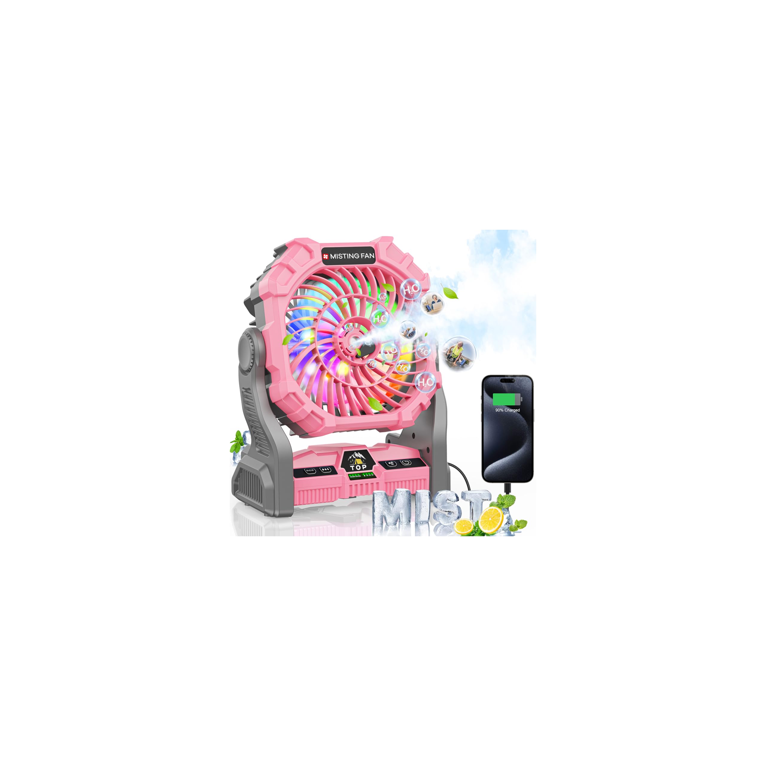 DOWILLDO front view showing fan, mist nozzle and lantern for portable cooling