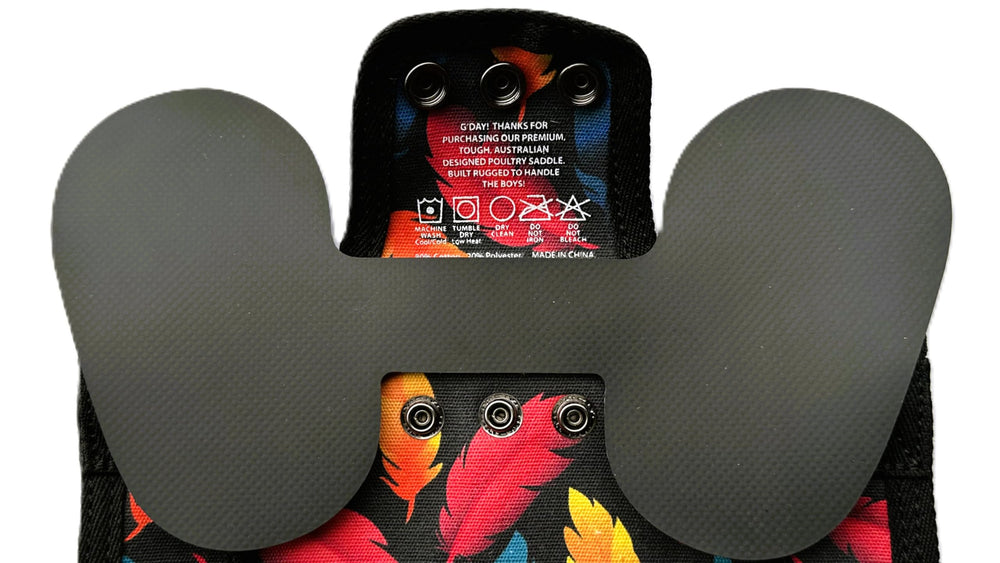 DOWN UNDER OUTDOORS saddle beside ruler showing medium-large size for standard breeds benefit