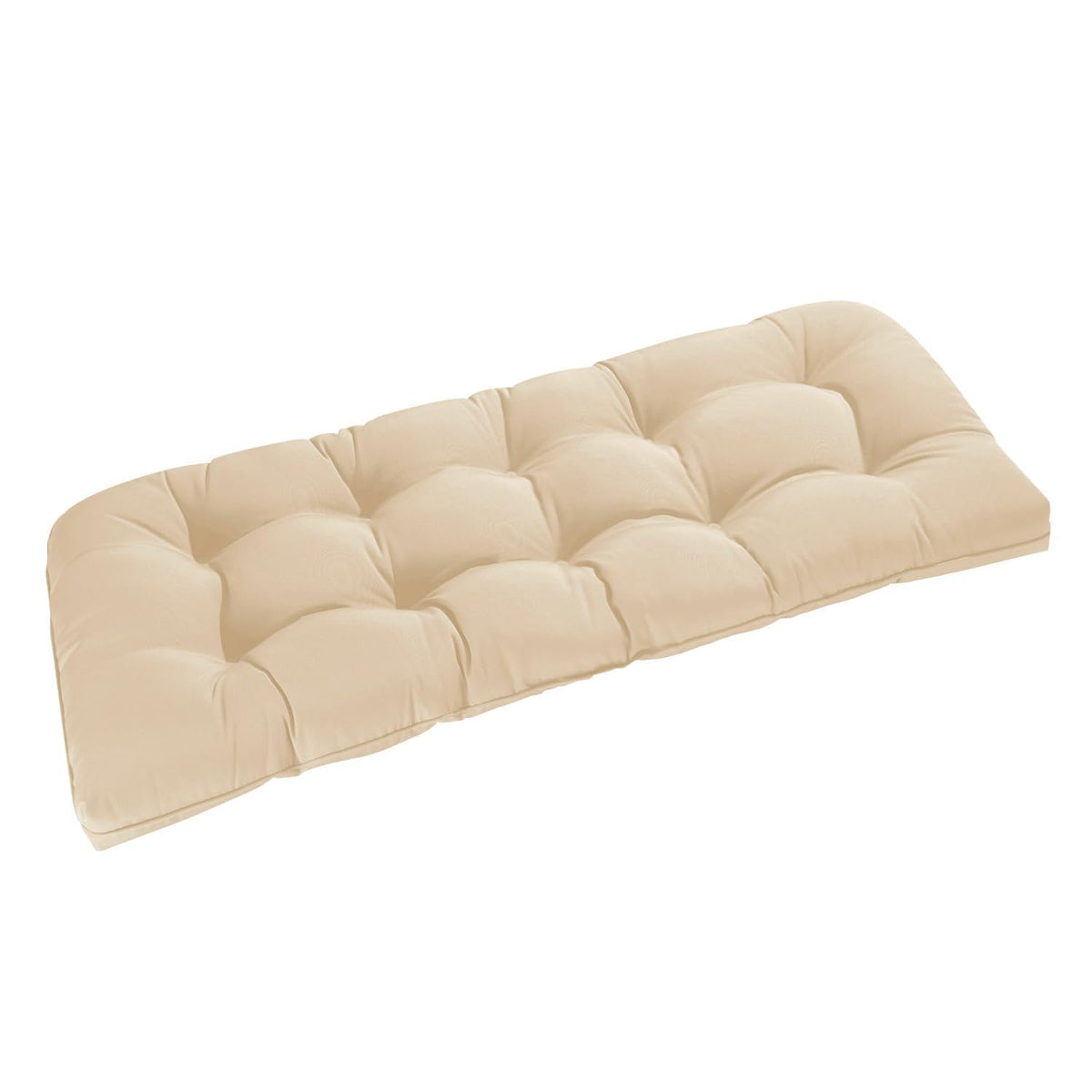 downluxe front view of beige bench cushion showing tailored tufting and fit for benches
