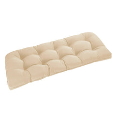 downluxe front view of beige bench cushion showing tailored tufting and fit for benches